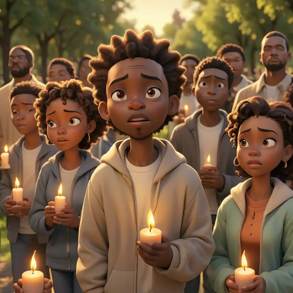 defined 3D cartoon-style African Americans walking praying with their eyes closed and lit candles in the park in New Mexico