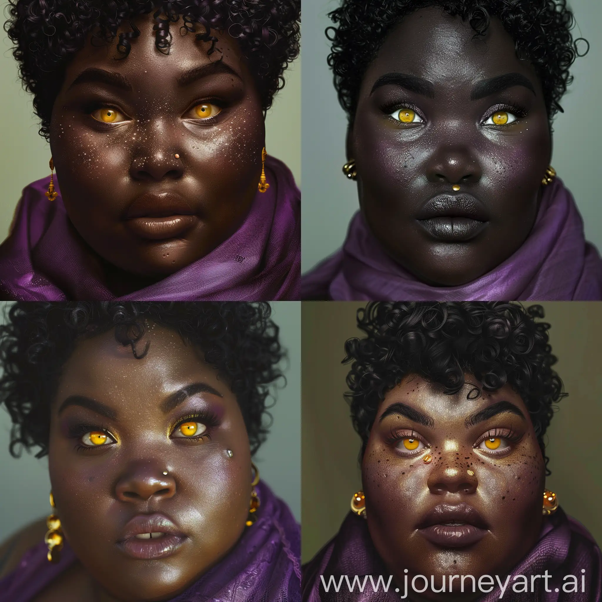   a fat, black woman, short curly hair, yellow eyes, she has gold earrings and a mole on the right side of her cheek, her nose is rounded and her lips are big, she is wearing a purple scarf, photo, cinematic