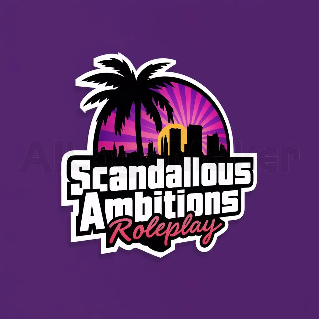 a logo design,with the text "Scandalous Ambitions Roleplay", main symbol:palm tree and downtown miami, purple and pink color matching sunset background, and more classic font gta vice city style roleplay fivem, colorful text,Moderate,clear background