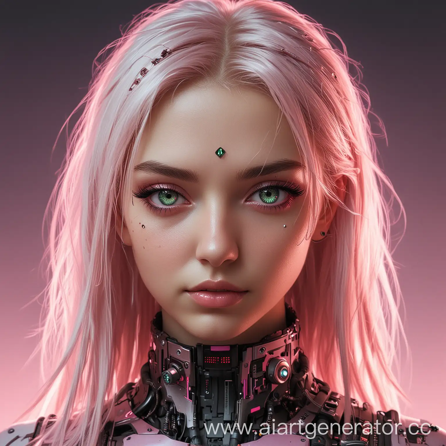 Девушка с зелеными глазами и светлыми волосами, в розовых тонах киберпанк