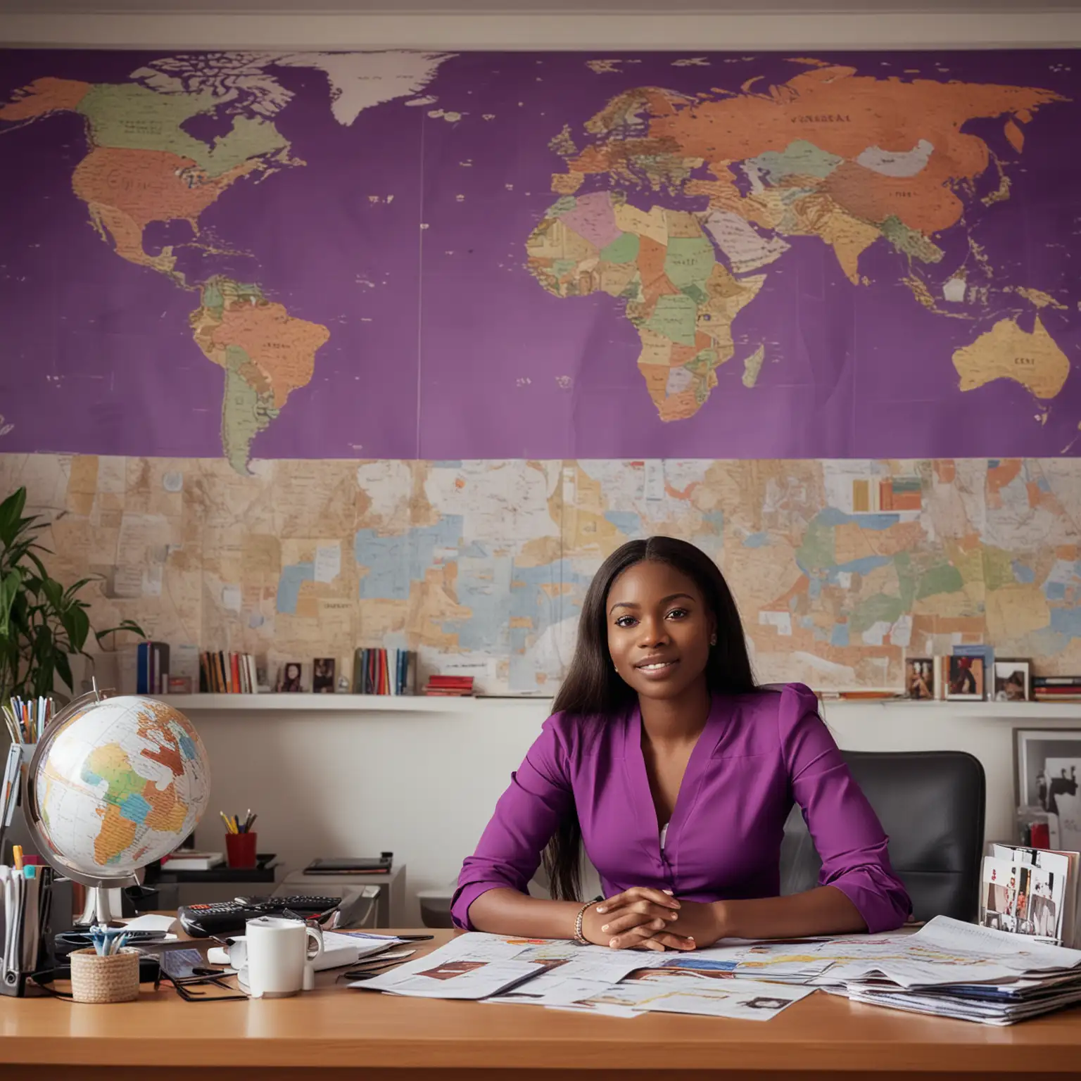 A photorealistic portrait of a 32-year-old Nigerian professional woman, sitting in her office which mirrors her global experiences. Dressed in a purple top emblazoned with 'Goal Getter Only' and white trousers, she addresses the camera with an open, welcoming gesture. The backdrop is an office space adorned with colorful world maps and national flags, with a collection of global mementos.Her office features modern devices like sleek tablets for browsing university programs around the world. The natural light floods the office, highlighting her engaging expression and the vivid details of her surroundings.