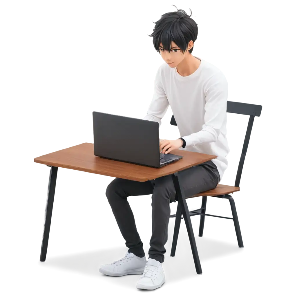 Anime man working in front of desktop in table
