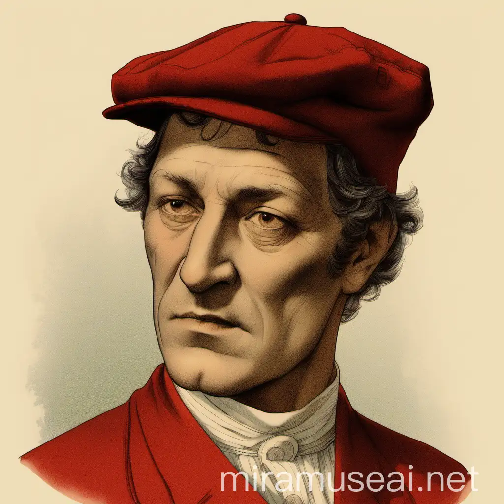 Middleaged Man in Red Dress and Cap with Bay Leaves