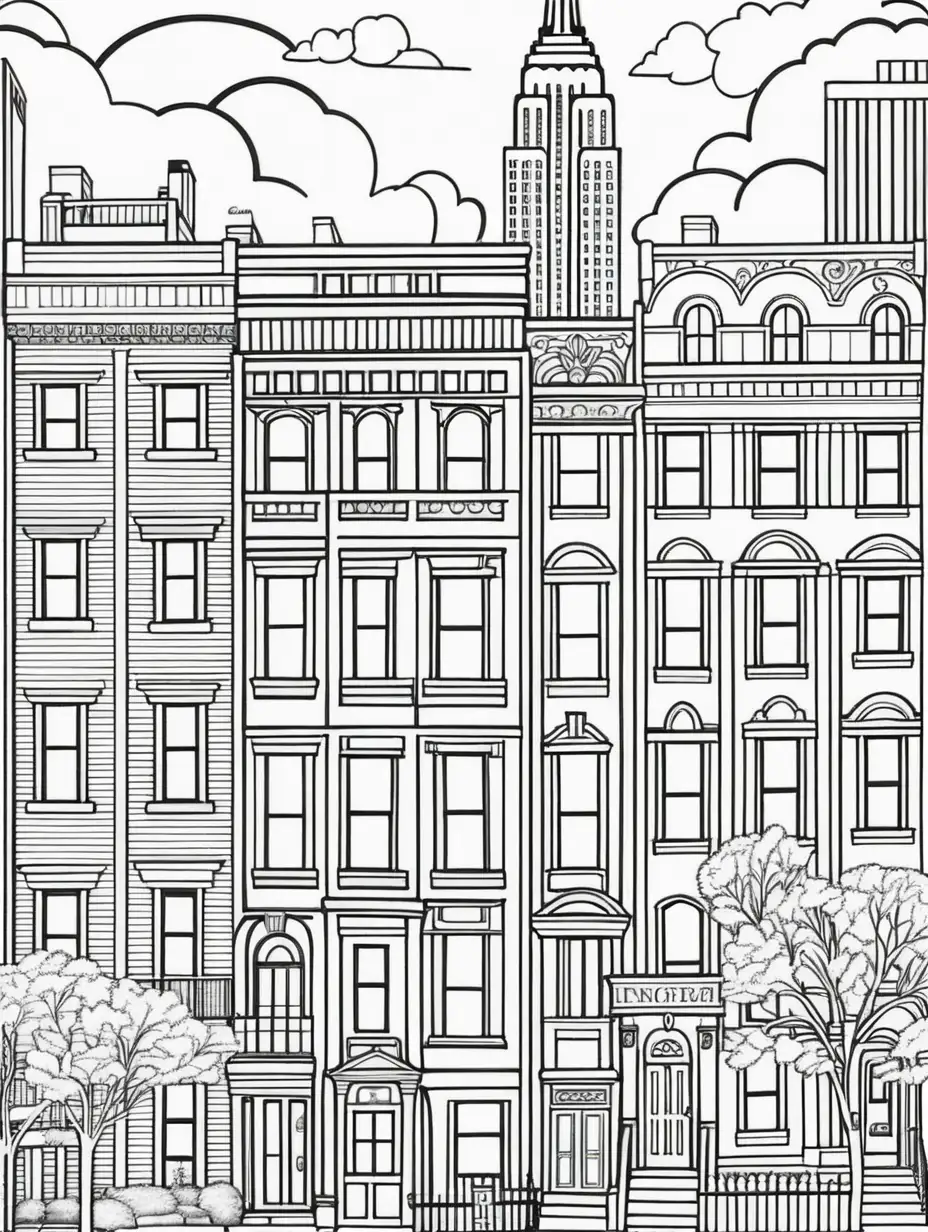 New York City Townhouses Coloring Book Cover Urban Landscape with Empire State Building and Chrysler Building in the Background