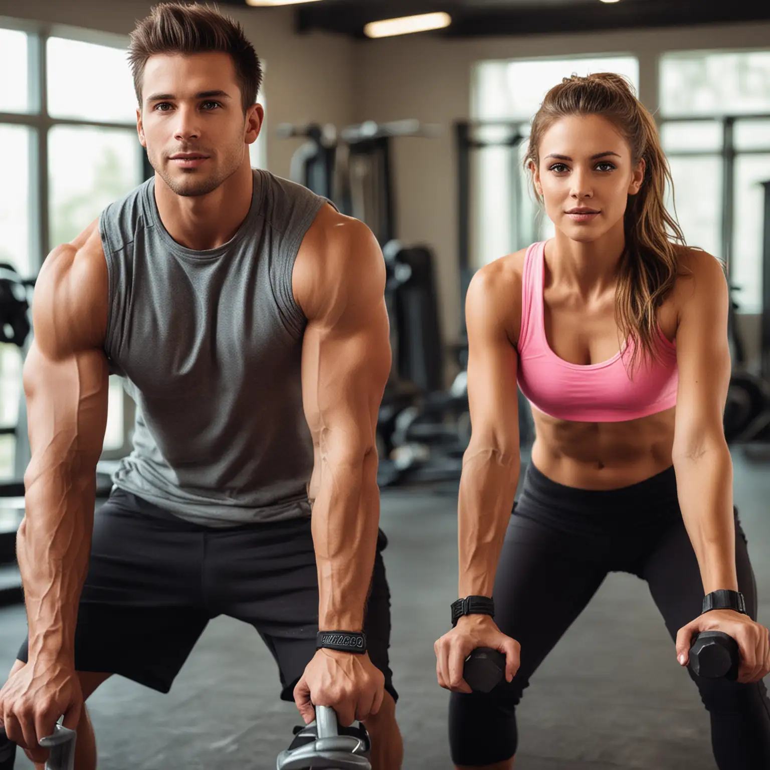 Fit Couple Exercising Together in a Gym