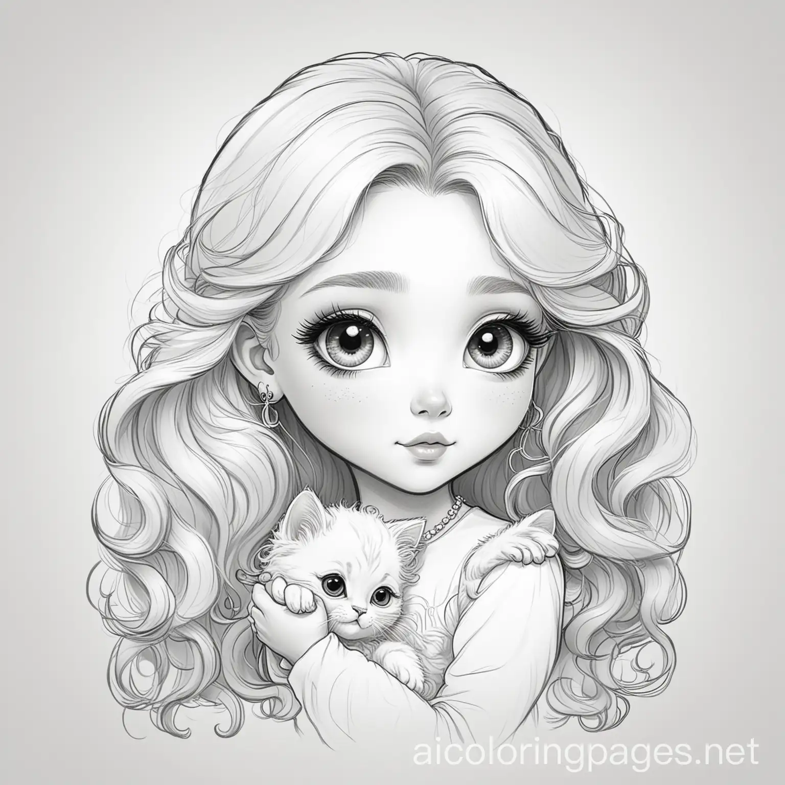 Adorable-Cartoon-Princess-with-Kitten-Coloring-Page