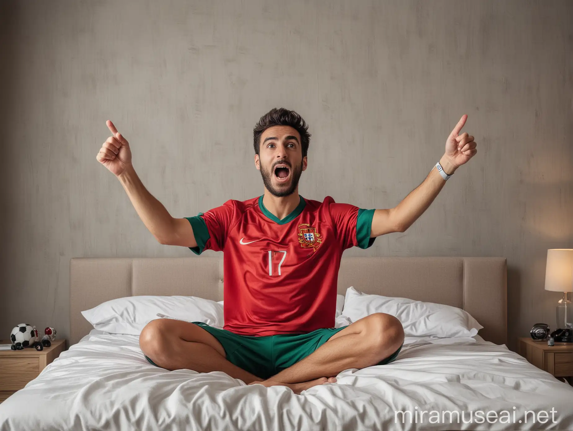 fã de futebol com camisola de portugal, assistindo a uma partida de futebol na tv, sentado numa cama a festejar um golo
