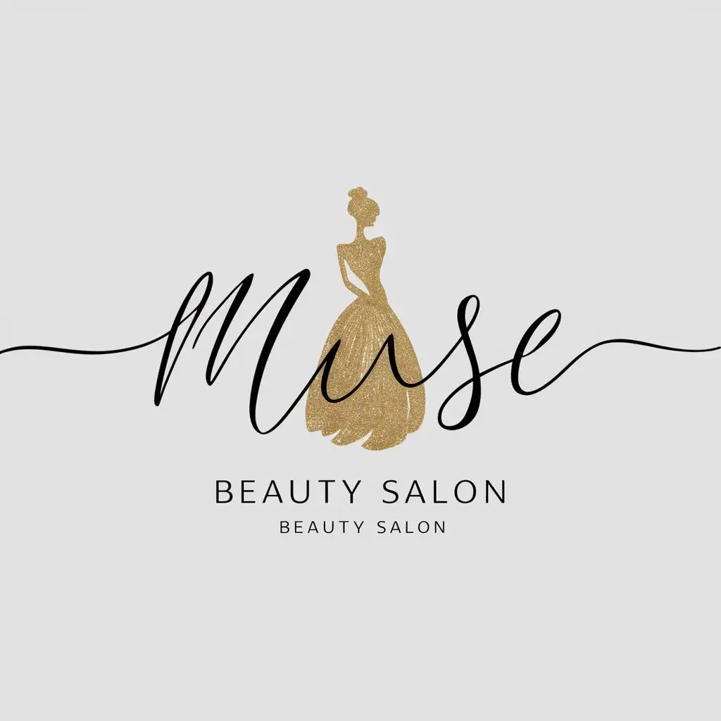 a logo design,with the text "Muse", main symbol:Logo for a beauty salon: The word 'Muse' in a beautiful font inside a woman in gold or a silhouette of a woman in gold paint,Minimalistic,clear background