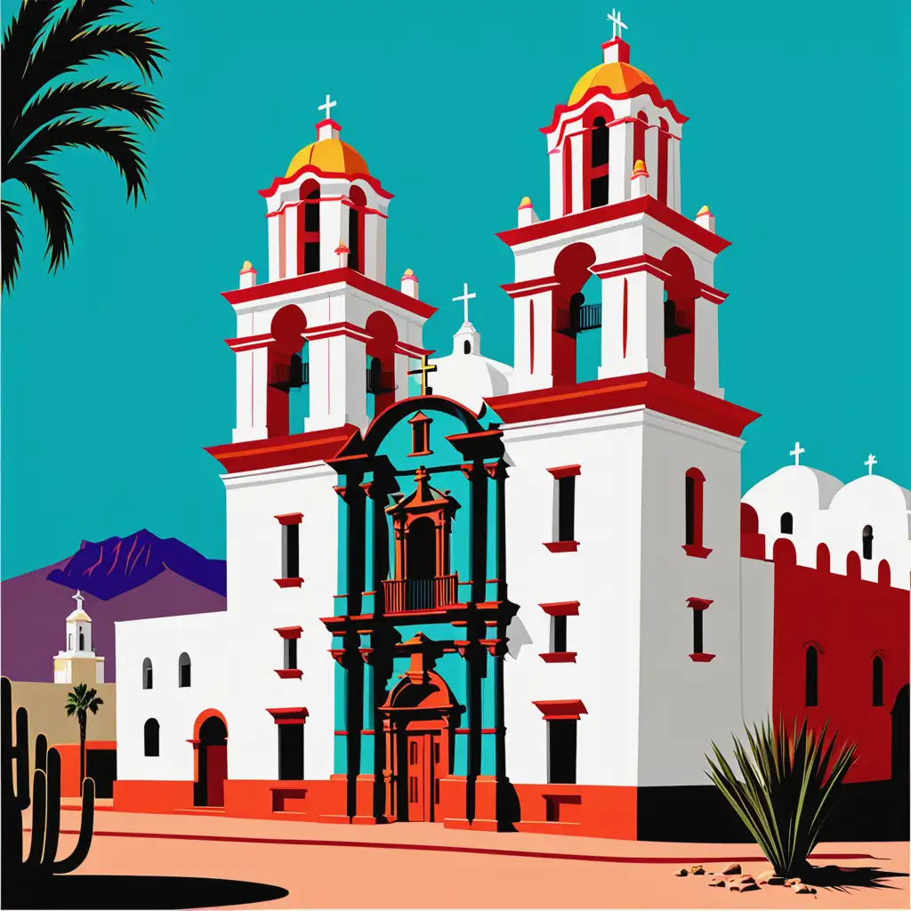 Mission San Xavier del Bac Tucson Arizona Vibrant Vector Illustration