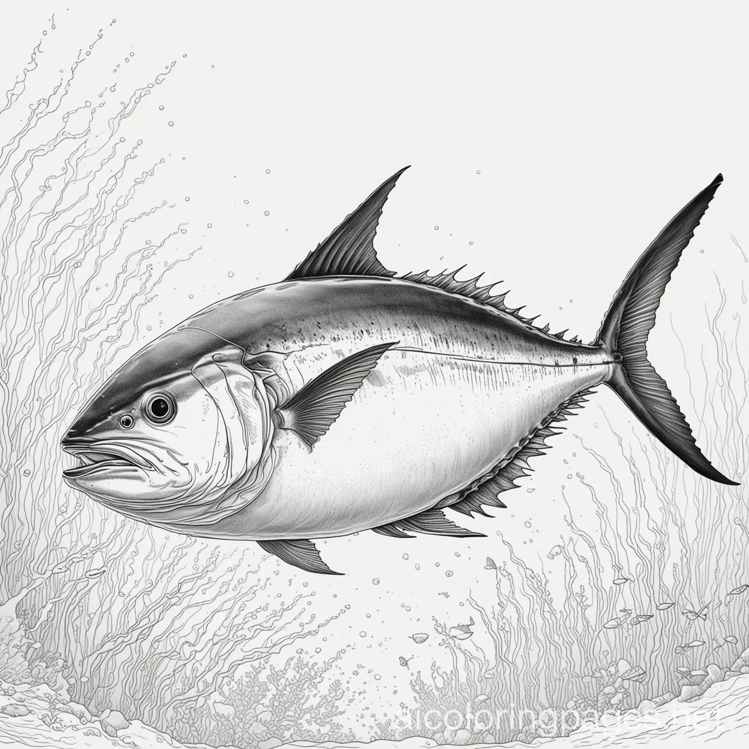 a tuna in an underwater surrounding, Coloring Page, black and white, line art, white background, Simplicity, Ample White Space