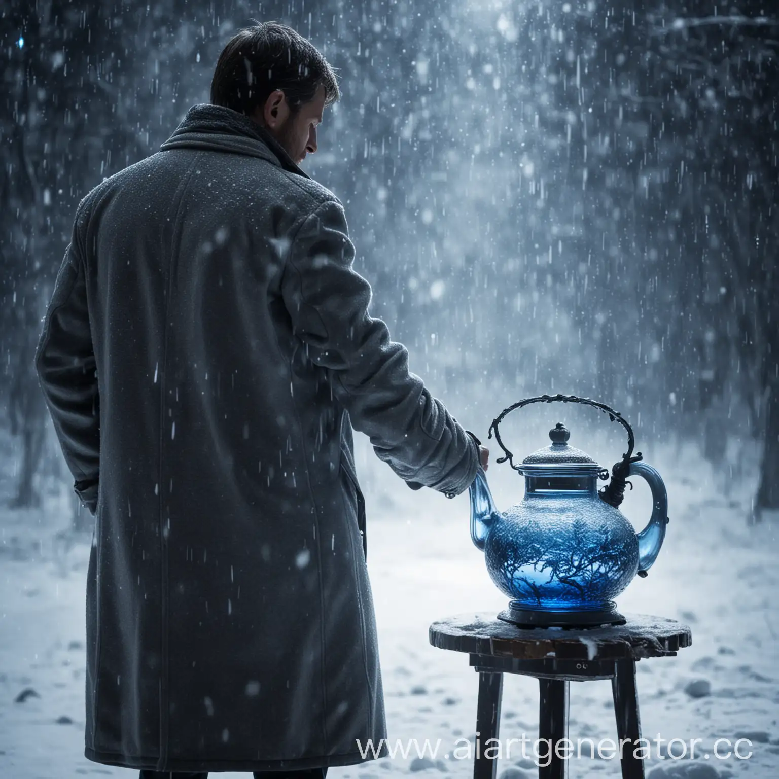 Man-in-Gray-Coat-with-Glass-Teapot-in-Strong-Snowstorm