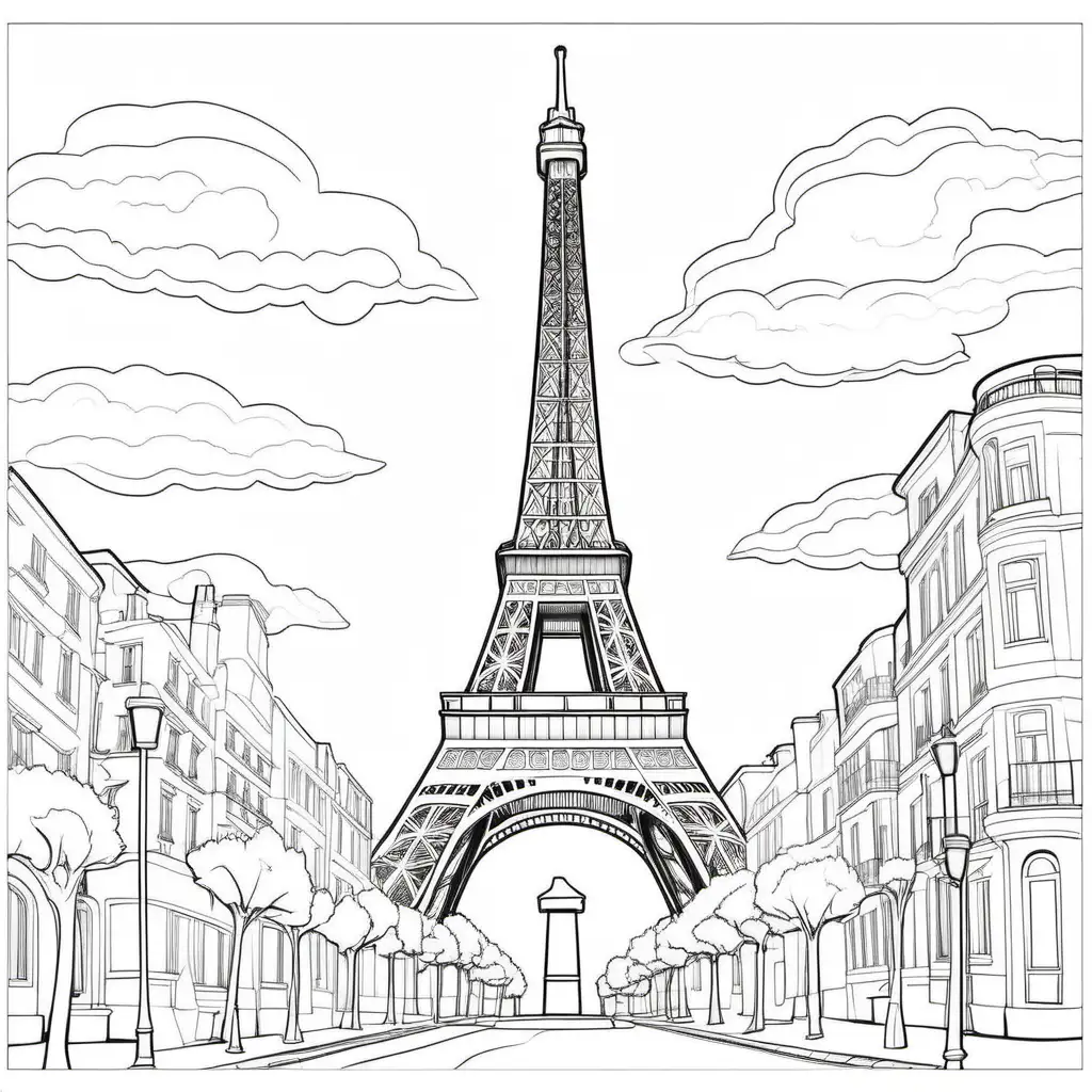 Eiffel Tower Coloring Pages for Kids Clean Line Art on White Background