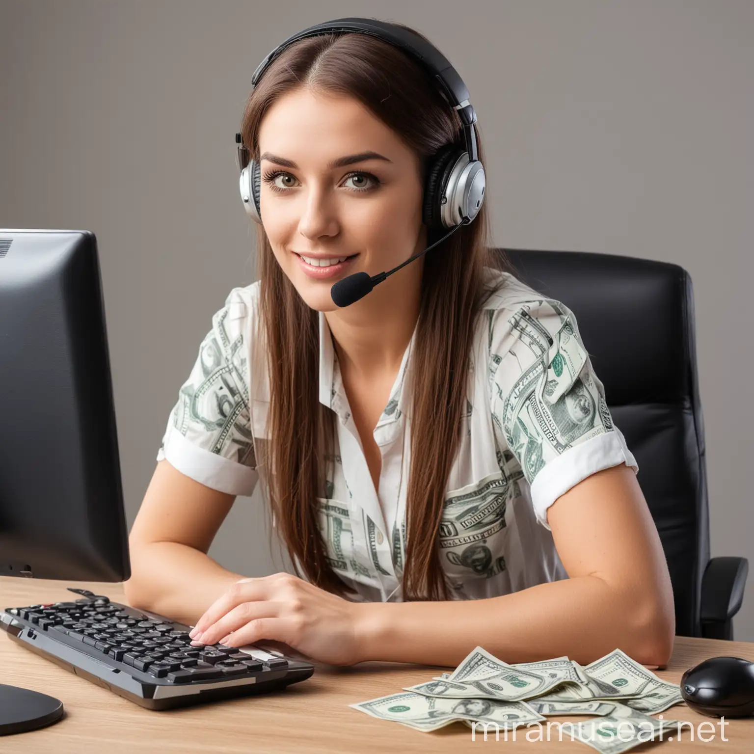 Female Video Chat Operator Holding Dollars