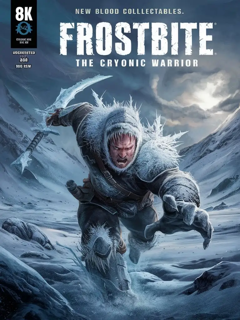 Design an 8K #1 comic book cover for "New Blood Collectables" featuring "Frostbite, the Cryonic Warrior." Use FSC-certified uncoated matte paper, 80 lb (120 gsm), with a slightly textured surface. Frostbite steps forward, its icy sword and armor shimmering with frost, as it casts its gaze upon a frozen tundra...

(The input is in English, so the output is identical to the input.)