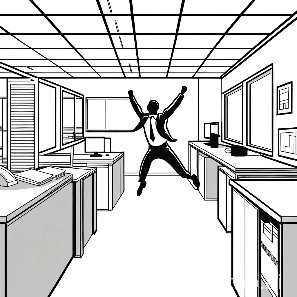 A black-and-white line figure jumps happily in the office.