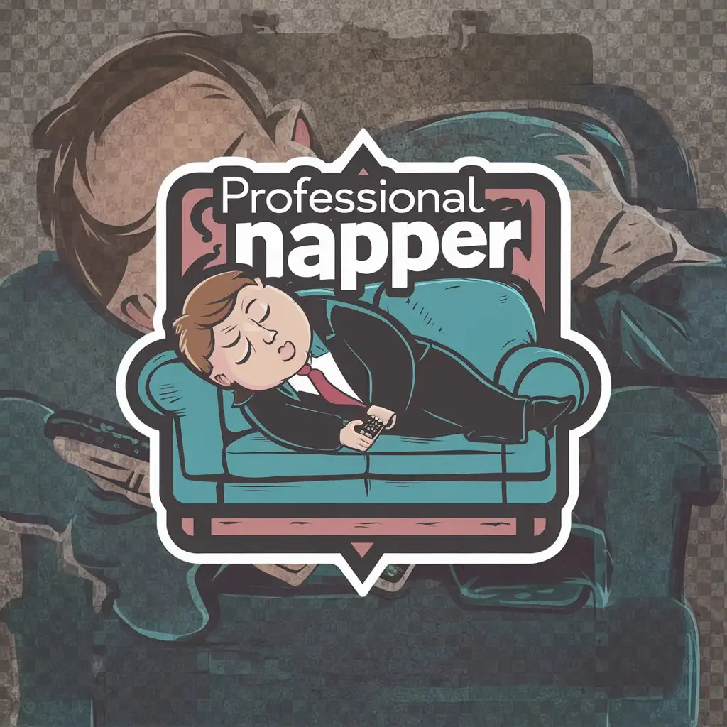 a logo design,with the text "Professional Napper", main symbol:A in color cartoon person snoozing on a comfy couch. Transparent background.,complex,clear background