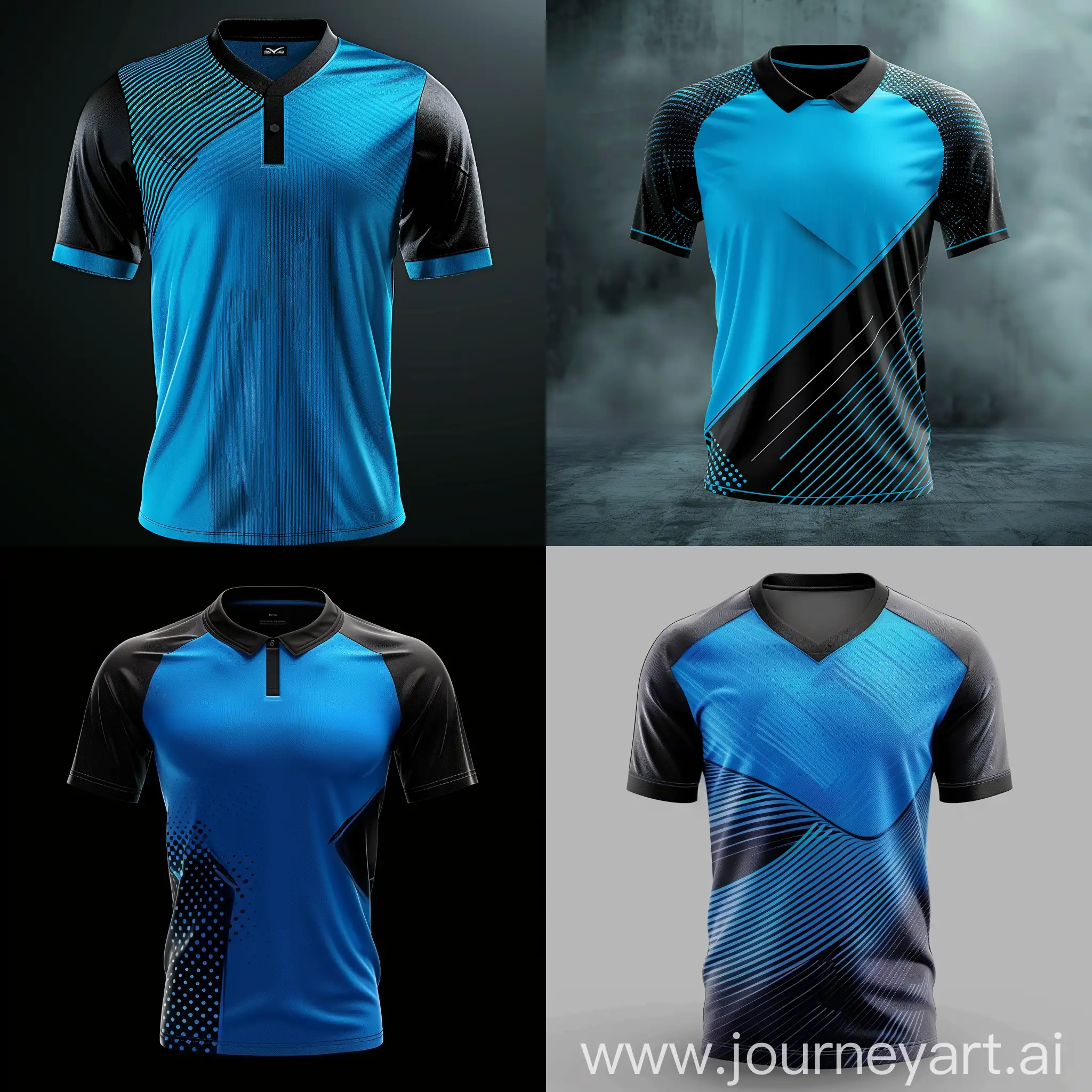 soccer jersey design, solid color, variation of blue and black, with small detail motives, elegant, 3D look, reality, high resolution