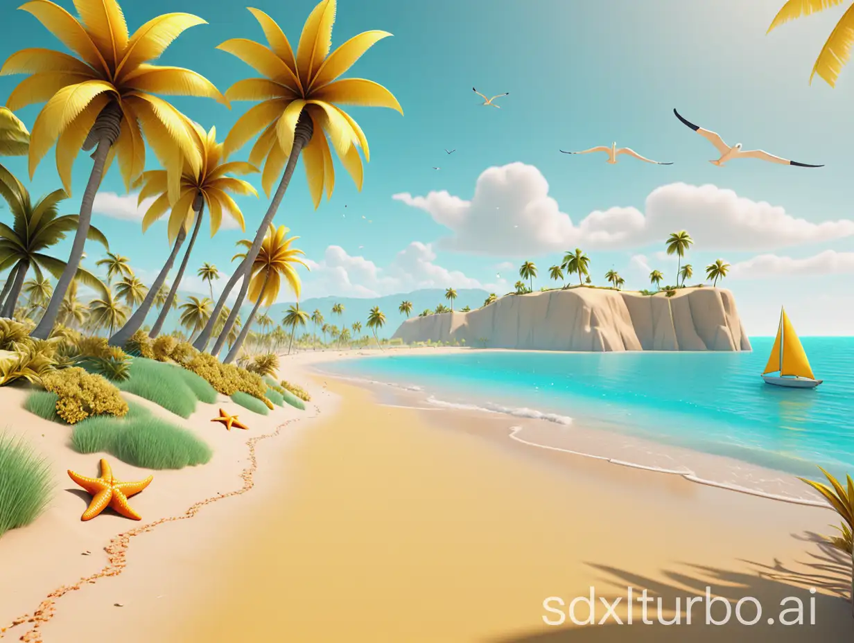 Create a game art style image of a clean gold yellow color beach, front angle, The beach takes up three-quarters of the image, Features include soft sand, palm trees on either side, a calm turquoise ocean with small waves, a starfish near the water's edge, sailboats on the horizon, seagulls in the sky, and distant green hills. The style should be vibrant, detailed, and evoke a peaceful, tropical paradise, 3D render, Bright, highly saturated colors