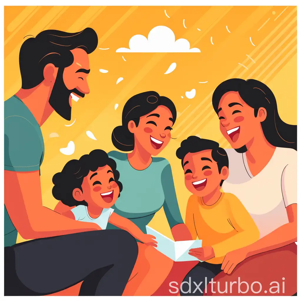Warm family scene, parents and children laughing and communicating