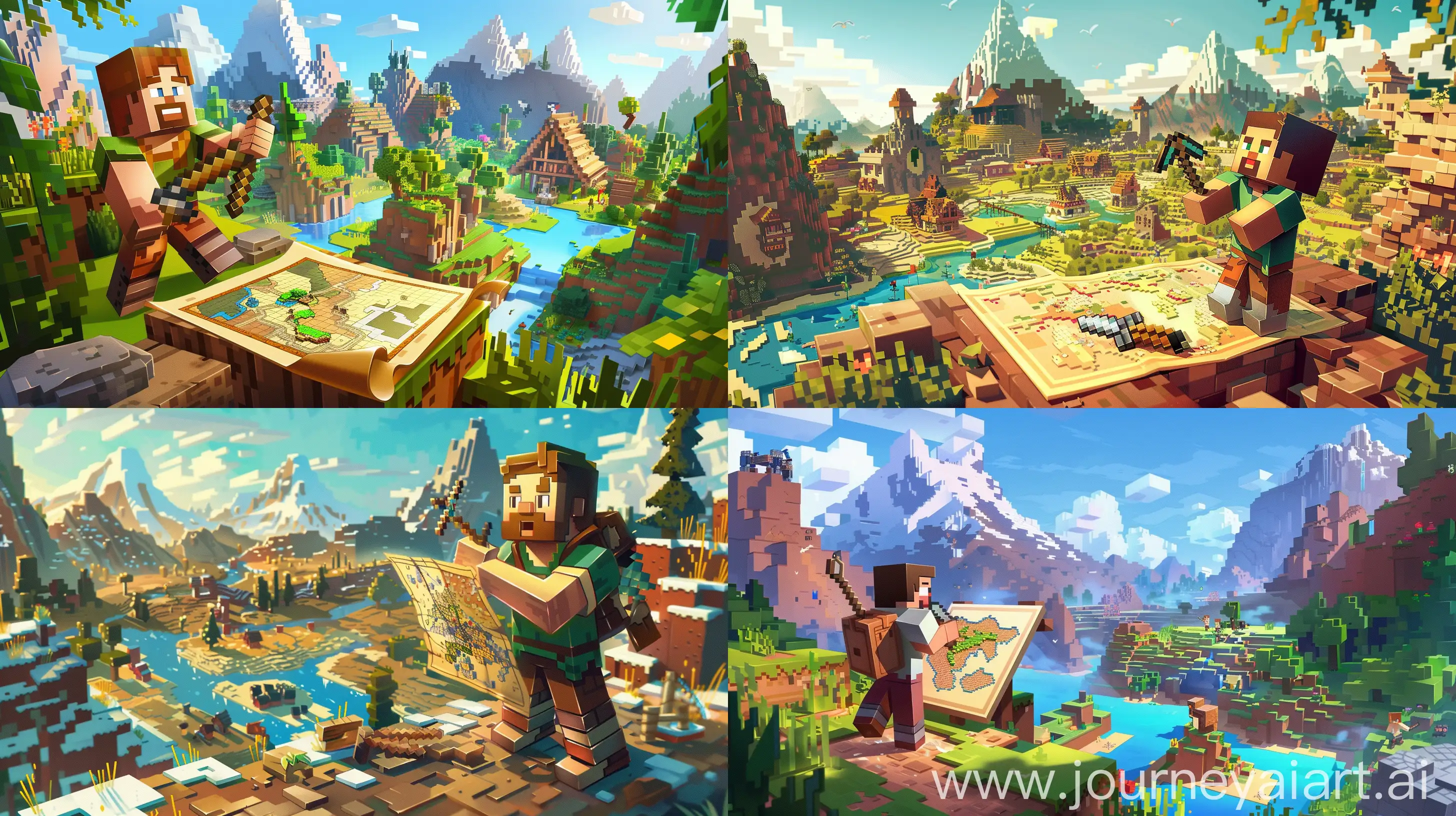 An elaborate illustration capturing the essence of Minecraft maps in version 1.16, introducing players to their world. The artwork showcases a detailed in-game scene where a player character, equipped with tools and surrounded by blocky landscapes, studies a parchment map. The map's vibrant colors and pixelated details highlight key features of the environment, including mountains, forests, and rivers. The character's expression conveys curiosity and excitement, emphasizing the significance of maps in gameplay. Background elements such as other players in the distance and recognizable Minecraft structures subtly reinforce the importance of navigation tools in this version. The composition utilizes a warm, inviting color palette and strategic lighting to evoke a sense of exploration and discovery within the Minecraft universe. --ar 16:9 