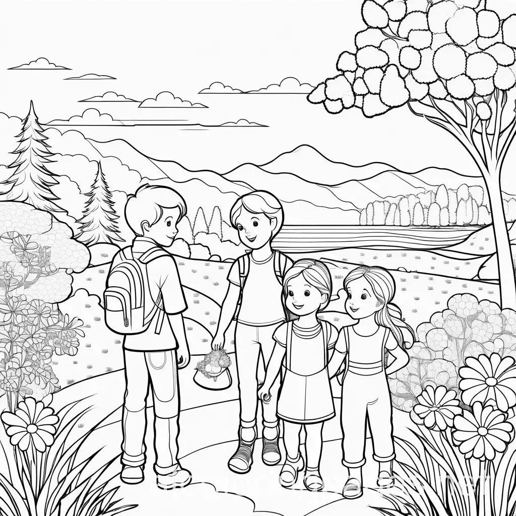 Kids have manners: coloring pages, Coloring Page, black and white, line art, white background, Simplicity, Ample White Space. The background of the coloring page is plain white to make it easy for young children to color within the lines. The outlines of all the subjects are easy to distinguish, making it simple for kids to color without too much difficulty