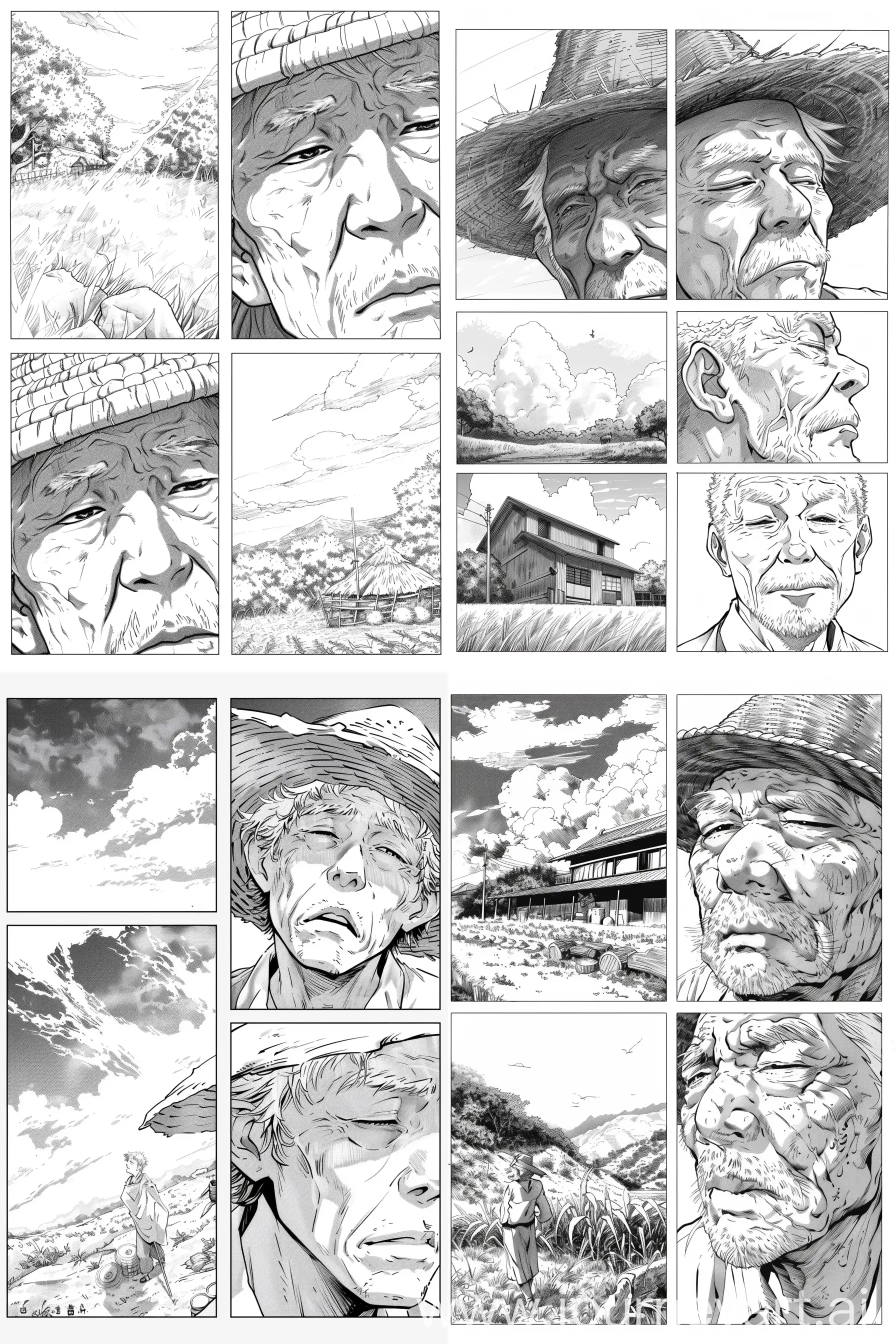 A manga page with 4 pictures, manga anime style,black and white , Charcater:akhura a 55 year old man,who was a legend,fighter and protecter but after many years he is now living a simple life far away, he is working in his farm,he has short lips,white hairs and some wrinkles,he is wearing a straw hat and simple clothes,his eyes are normal and nose is also  normal,in 2nd image he starts looking at the sky,in 3rd image he closes his eyes and starts thinking. --ar 2:3 
