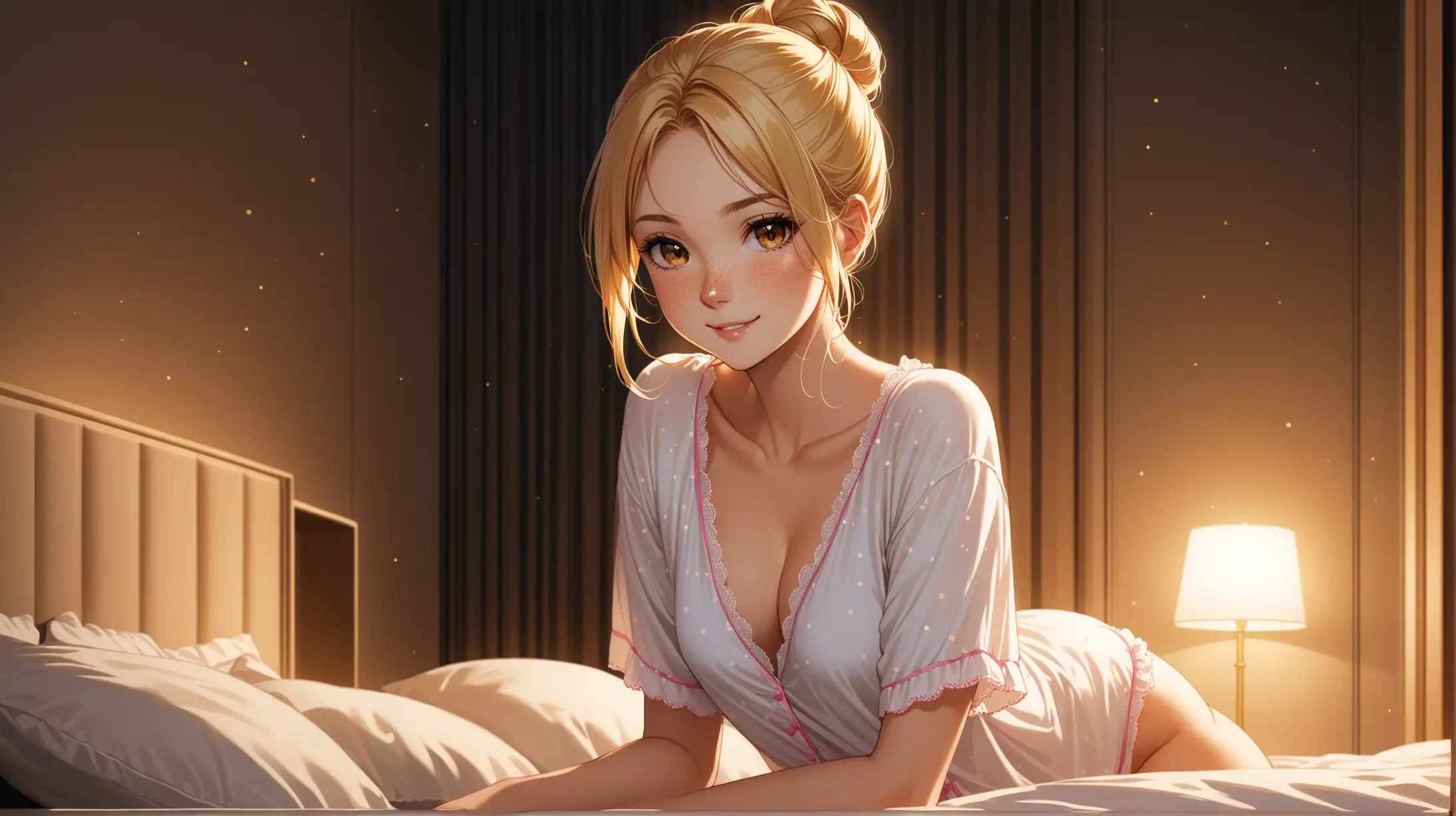 Draw a young woman, long blonde hair in a bun, gold eyes, freckles, perky figure,
sleepwear, high quality, long shot, indoors, bedroom, seductive pose, dark lighting, smiling at the viewer