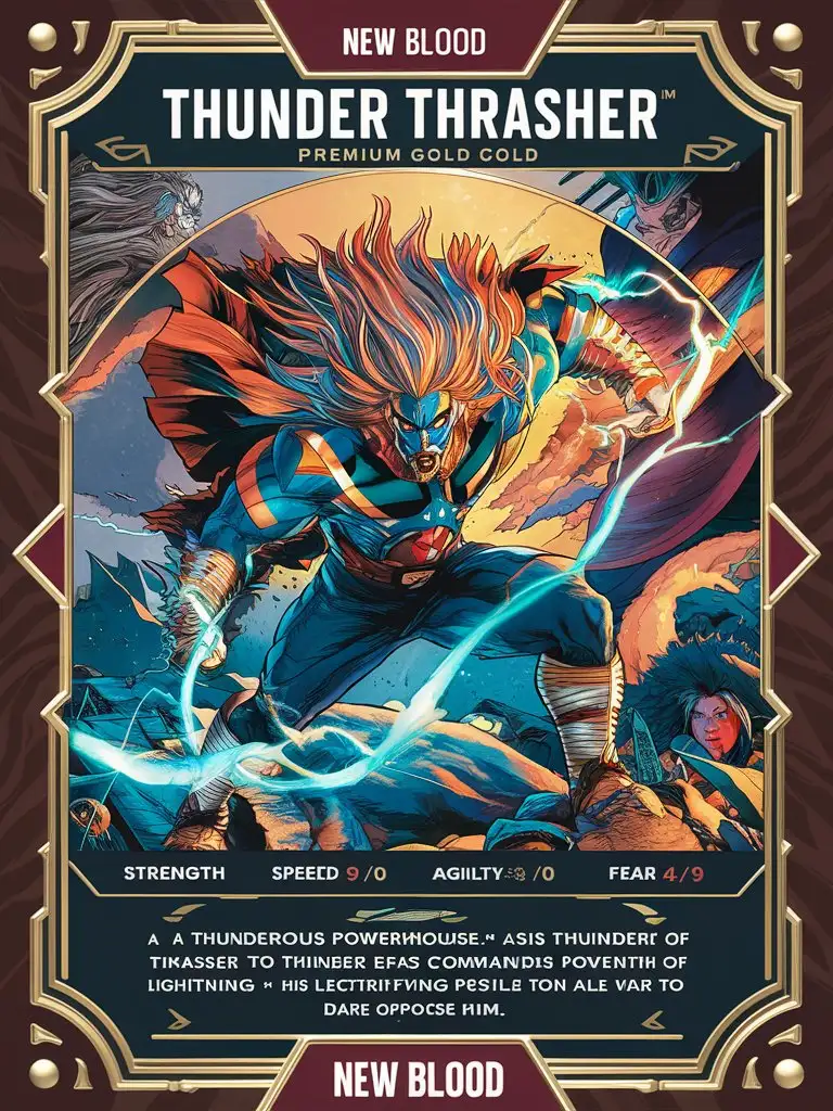  "Design a premium gold collectible trading card for 'New Blood's' 'Thunder Thrasher'. Incorporate these elements: * Card name: 'Thunder Thrasher' in bold * Stats: + Strength: 9/10 + Speed: 6/10 + Agility: 4/10 + Fear Factor: 9/1