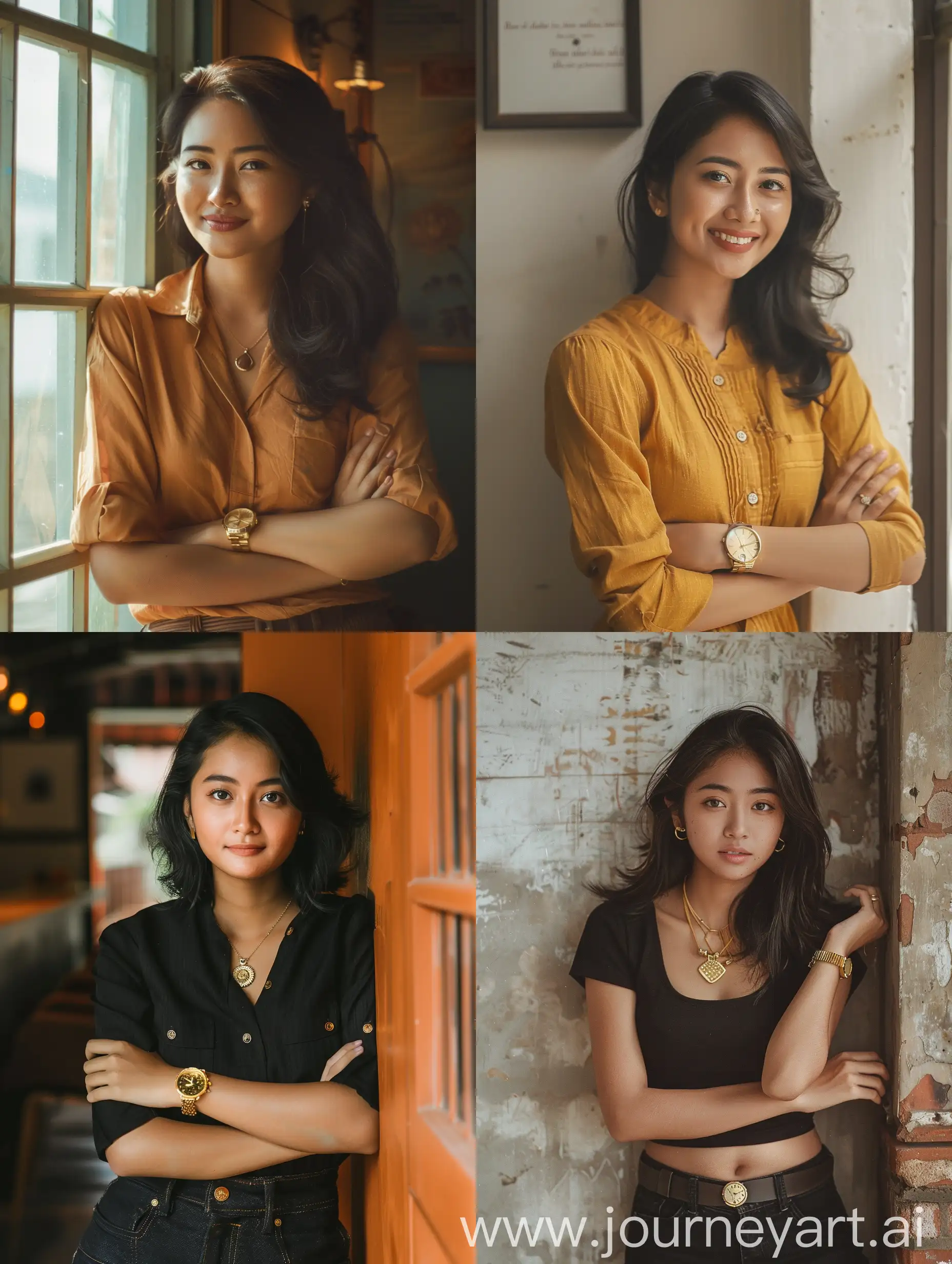 wanita cantik Indonesia bersandar di dinding cantik, senyum, sinematik, 7mm, biji-bijian film, jam emas, suasana hangat 