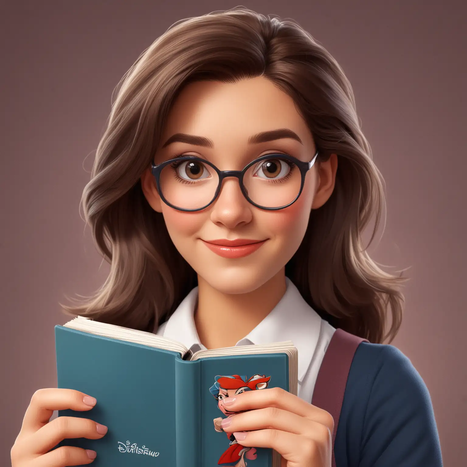 app icon,迪士尼人物风格，女老师，可爱，头像，拿着一本英文书，