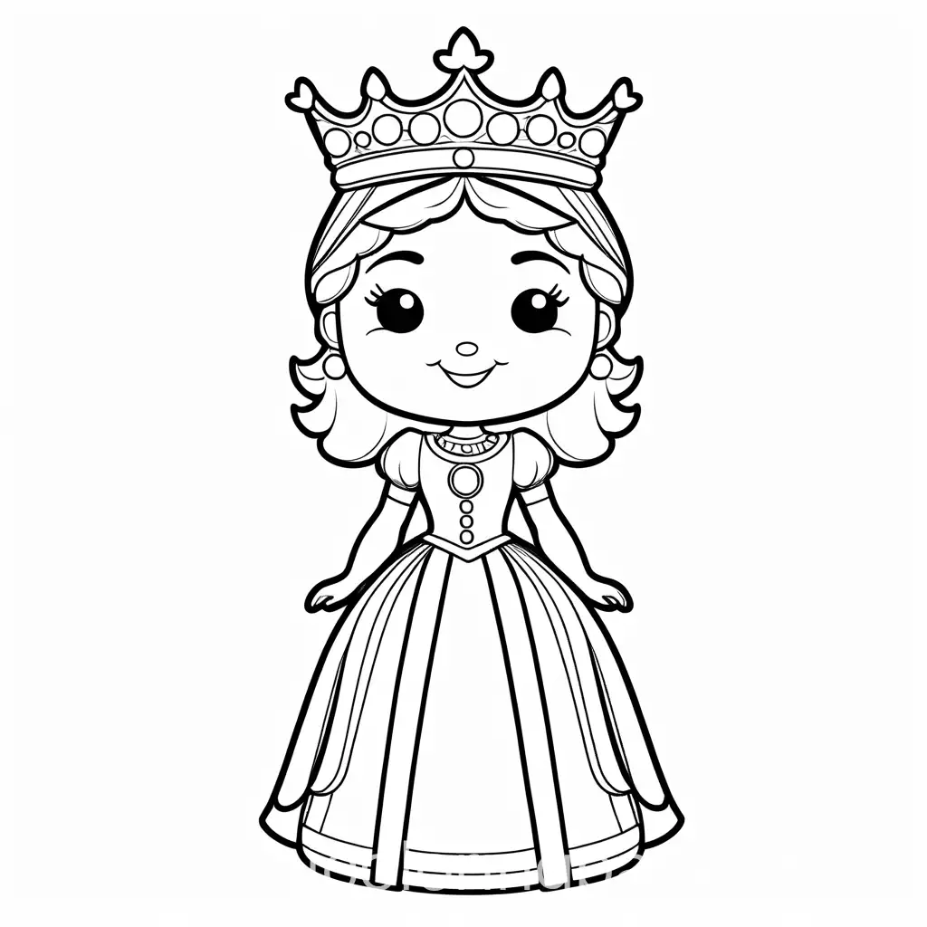 Create a friendly queen character with a smiling face, outline art, coloring page outline page with white, white background, sketch style, full body, only use outline, cartoon style, clean and clear and with beautiful eyes. Ensure is design minimalistic for easy colouring. The goal is to make it appealing and approachable for children aged 2-4 in the middle of their artistic journey, make it black and white., Coloring Page, black and white, line art, white background, Simplicity, Ample White Space. The background of the coloring page is plain white to make it easy for young children to color within the lines. The outlines of all the subjects are easy to distinguish, making it simple for kids to color without too much difficulty