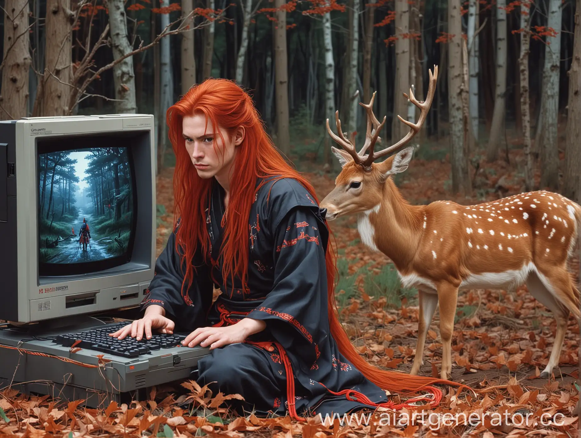 Samurai-with-Long-Red-Hair-Hunting-Deer-in-Amiga-Computer-Setting