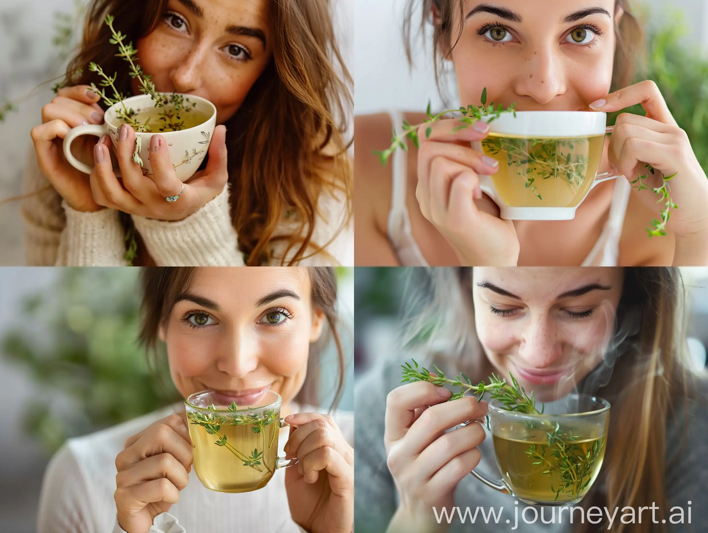 A picture of a woman drinking thyme tea