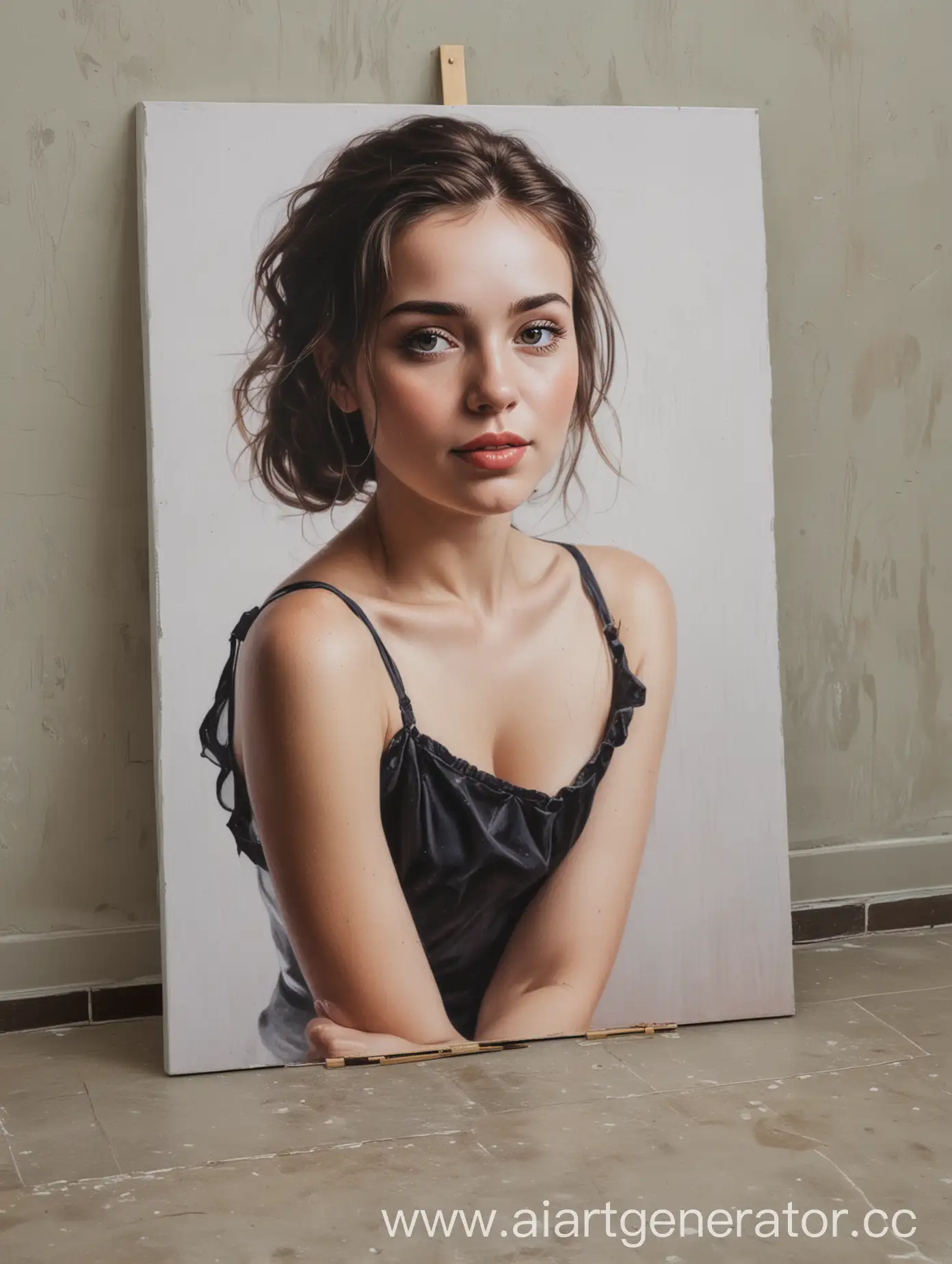 A portrait on canvas measuring 50x70 cm stands on the floor