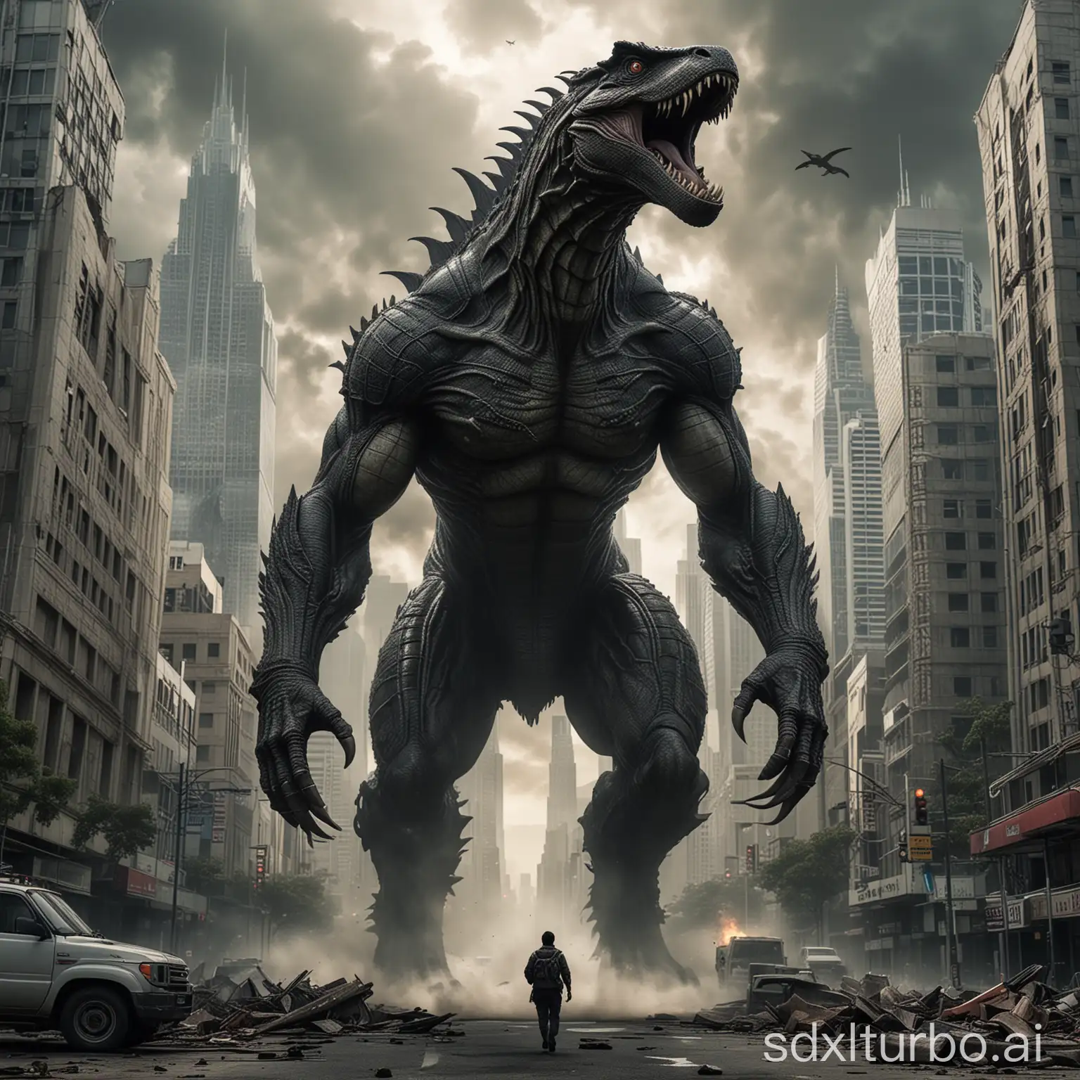 High resolution, dynamic, photorealistic kaiju with the head of a komodo dragon wreaking havoc on Los Angeles. The iconic monster is 300 feet tall, towering over the buildings as smoke and debris fill the air. The monster is depicted in the style of Swiss artist H.R. Giger, with intricate organic details covering its body. The thick, muscular monster, with an eerie and unsettling atmosphere that Giger is famous for, is moving between skyscrapers. Energy floats upward from the sides of its mouth. The image is symmetrical, UHD, with extreme detail. The monster has two short muscular arms, gills, and a series of small shark dorsal fins going from its head to its tail. The fins are glowing. The kaiju is smaller than the skyscrapers and is moving between taller skyscrapers. There are lots of skyscrapers. The image is symmetrical. People are running away from the monster. Give it a massively wide torso. Massive legs wider than the torso. Pyramid shaped body, smaller head with massive thick legs.