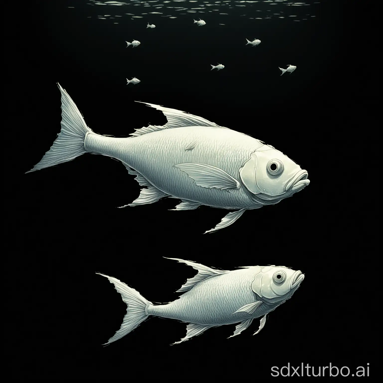 three-quarters view, of three Pale fishes, swimming away from point of view, make body even longer than wide, slightly flat shading, seen from below, swimming from left to upper right, lit from right, view of underside of fish, black background