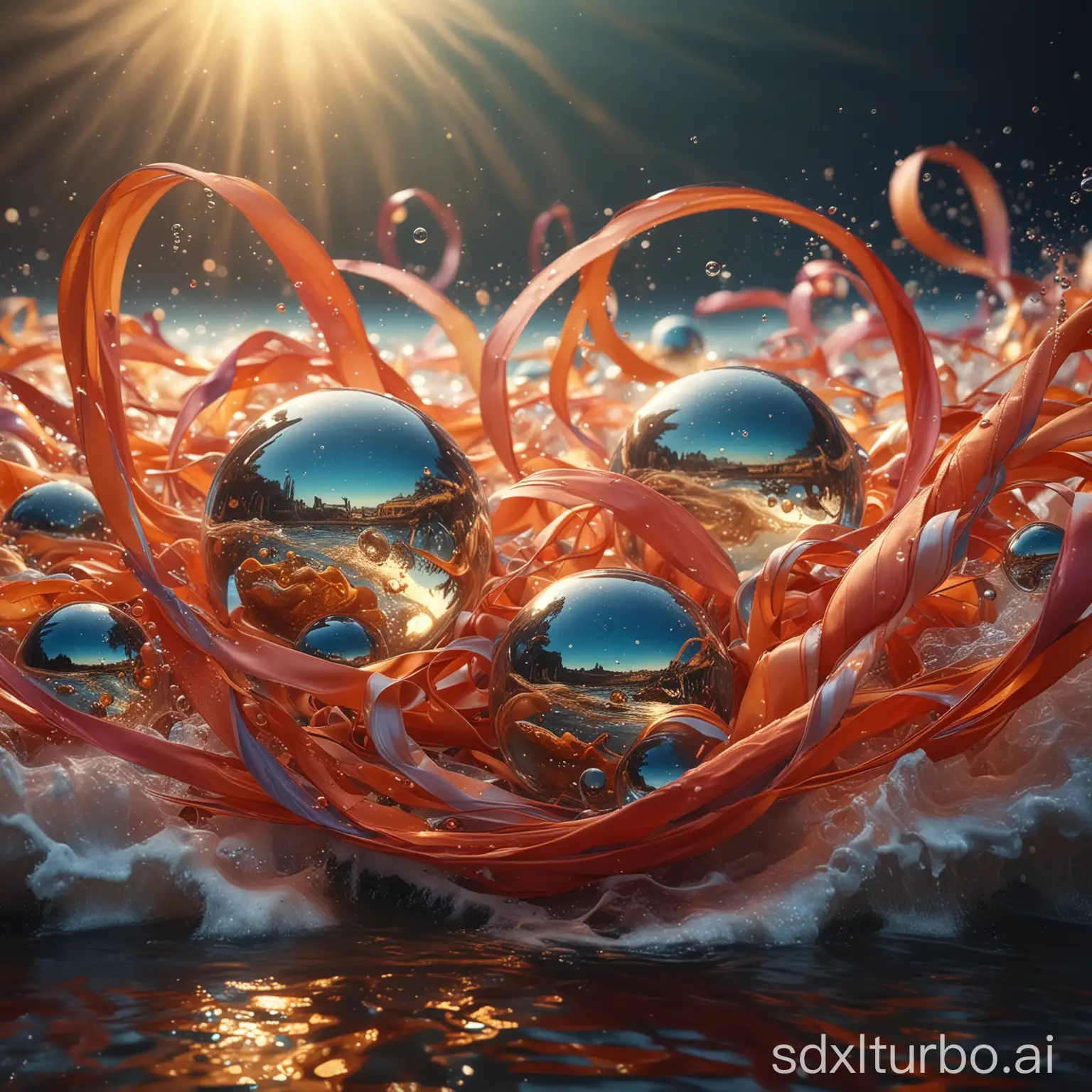 A vibrant and surreal scene featuring brightly colored ribbons and spheres entwined and floating in a fluid environment. A dynamic mix of textures with flowing liquid waves interacting with the ribbons and bubbles. Warm golden light bathes the entire scene, enhancing the vivid colors and creating a sense of movement and life. The backdrop includes a soft, dark gradient adding depth to the dreamy composition. Digital painting, high detail, fantasy, ethereal, energetic, marine atmosphere.