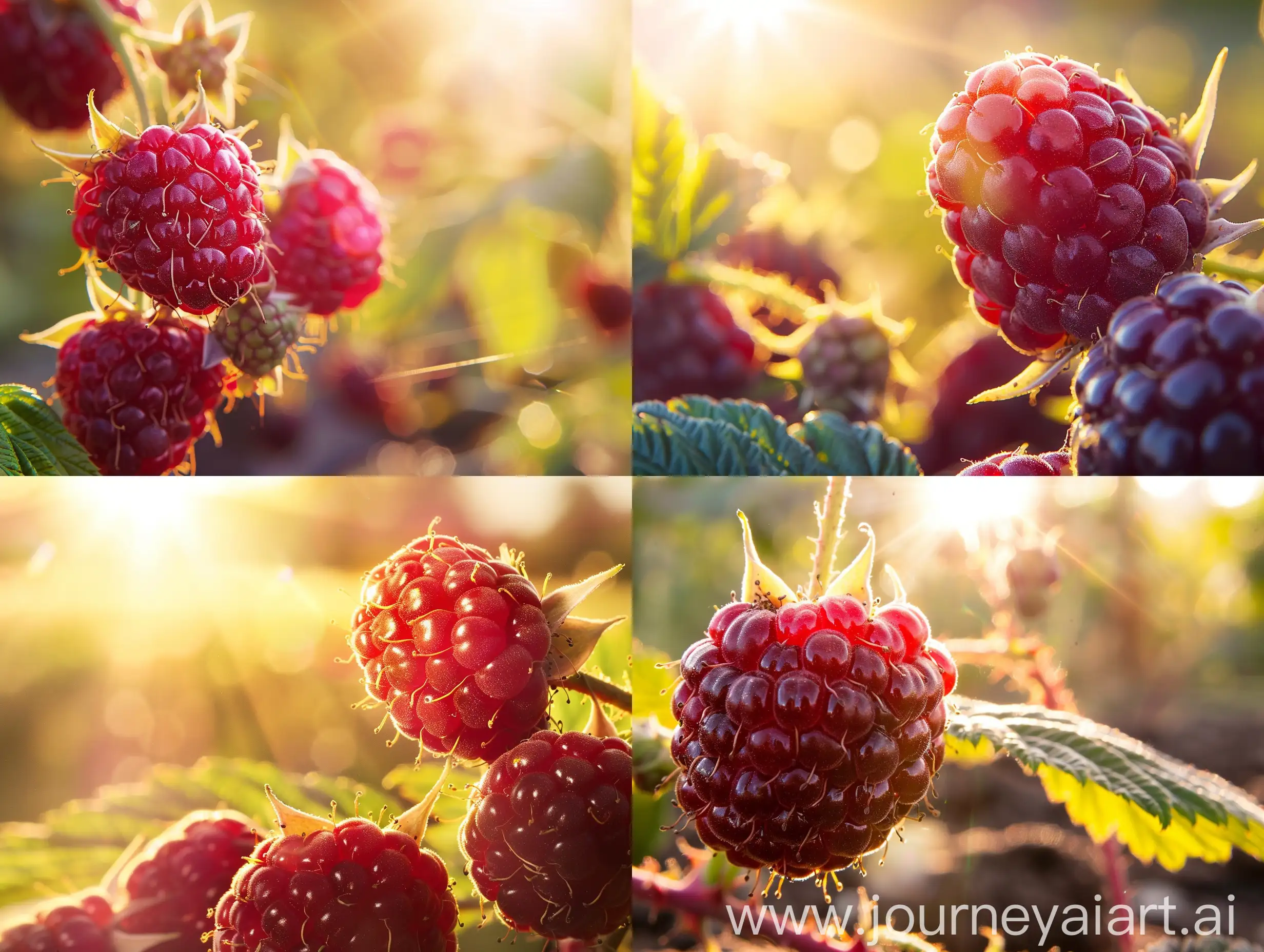 Close up high detailed photo capturing a Raspberry, Crimson Night PPAF. The sun, casting a warm, golden glow, bathes the scene in a serene ambiance, illuminating the intricate details of each element. The composition centers on a Raspberry, Crimson Night PPAF. Expect bountiful harvests of dark, shiny berries in the fall. Fruits are medium-large, conical with excellent flavor. Plants tend to be compact with dark purple canes that are attractive in container and small garden plots. A new selection that deserves a. The image evokes a sense of tranquility and natural beauty, inviting viewers to immerse themselves in the splendor of the landscape. --ar 16:9 