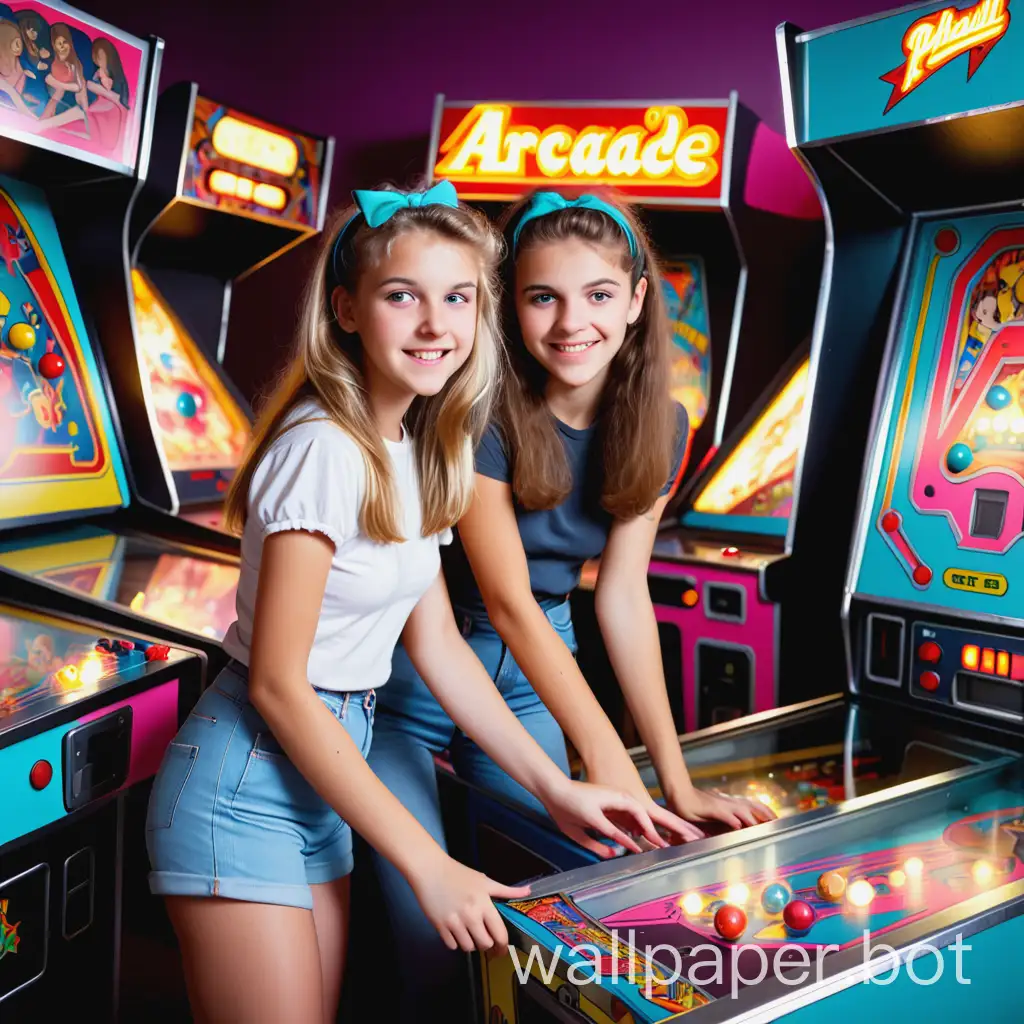 cute girls playing pinball machine in 80's arcade