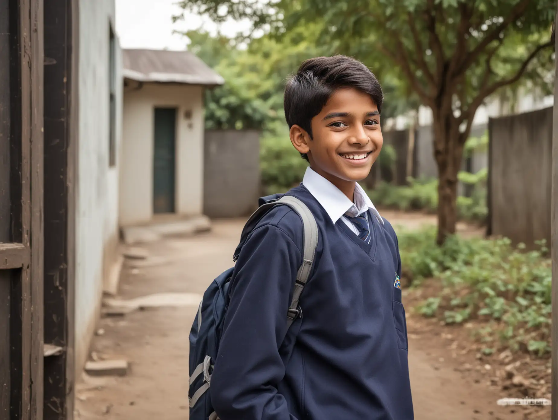 a Indian boy wearing school uniform, grade 7, outside, smiling confidently