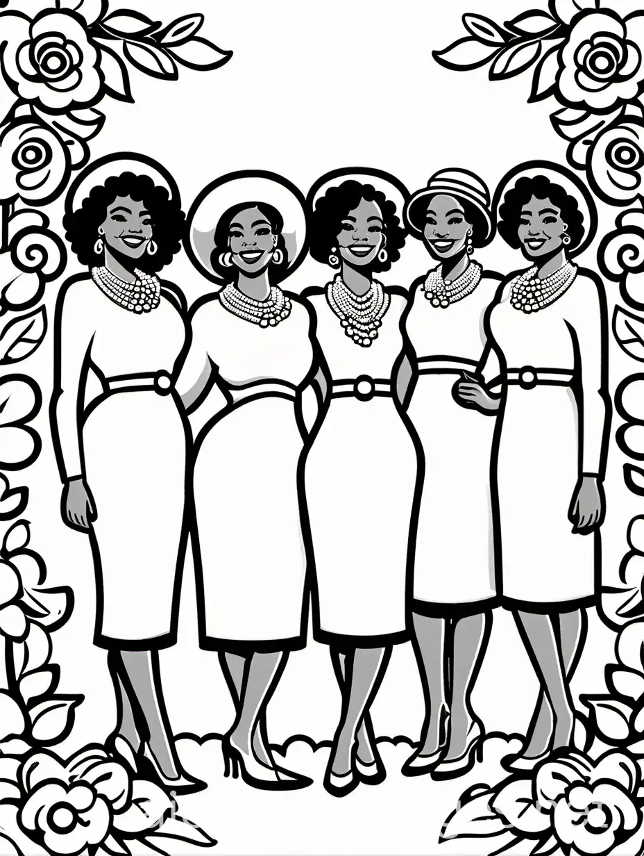 5 Black college sorority sisters in different ages having a great time posing in different poses for a picture. 

 Wearing modern chic dresses, hats and wearing a single strand of pearls. All different body types, hairstyles, and heights. Each dress has a  is a unique Ivy leaf pattern on it.  

Ivy leaves on a vine and single tea roses in back ground. , Coloring Page, black and white, line art, white background, Simplicity, Ample White Space. The background of the coloring page is plain white to make it easy for young children to color within the lines. The outlines of all the subjects are easy to distinguish, making it simple for kids to color without too much difficulty