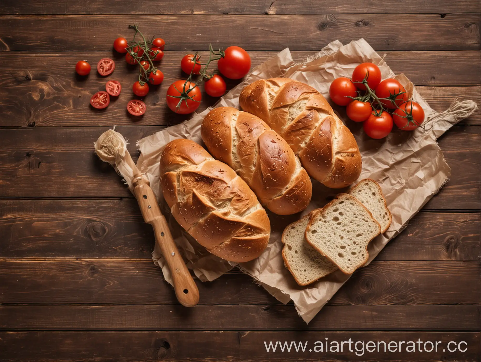 Fresh-Bread-and-Juicy-Tomatoes-Rustic-Ingredients-on-Wooden-Surface