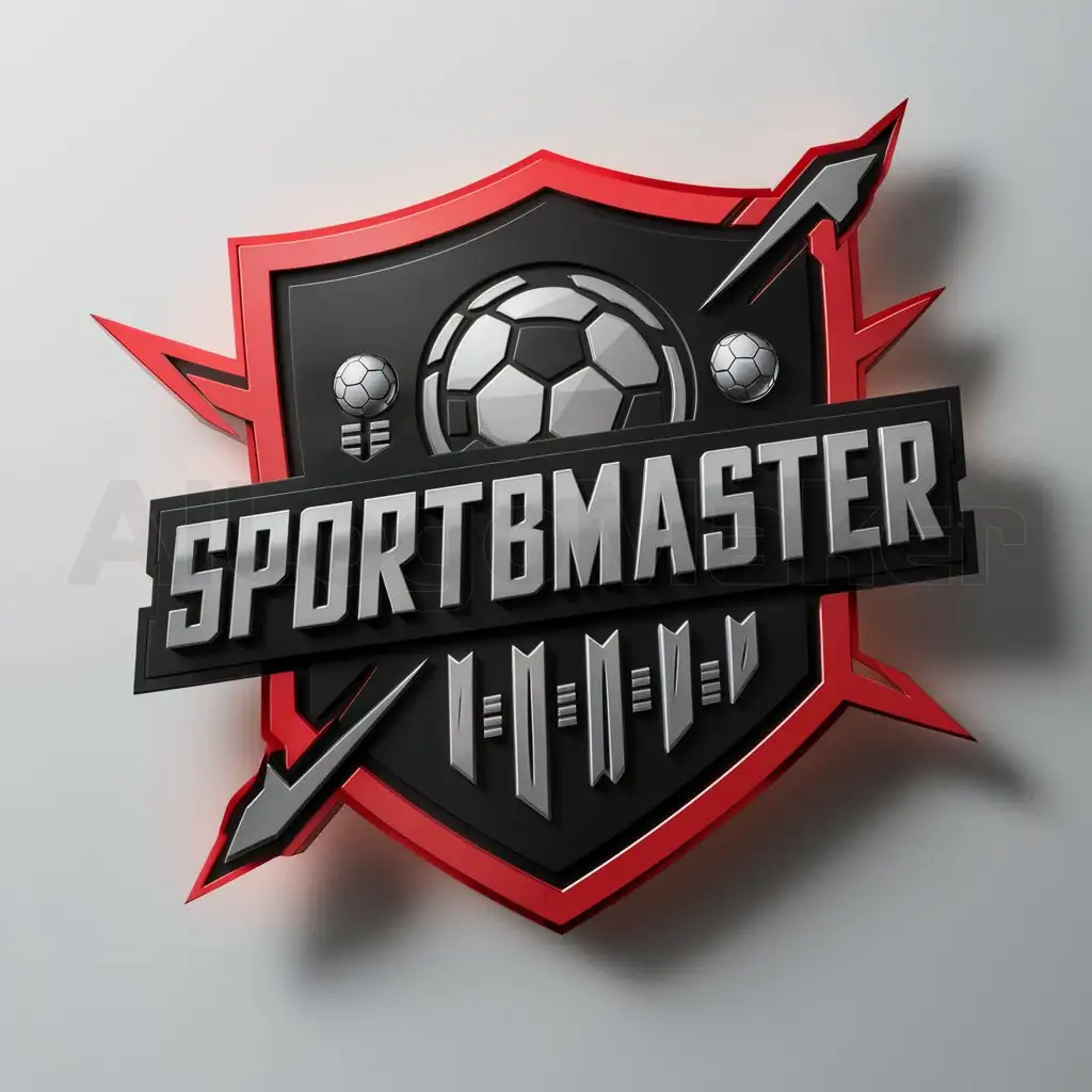a logo design,with the text "SportBetMaster", main symbol:Dark living with red edges because of which the football ball and other elements of sports events are visible in an aggressive style, and on the shield strict inscription of the name logo,complex,be used in stavki na sport industry,clear background