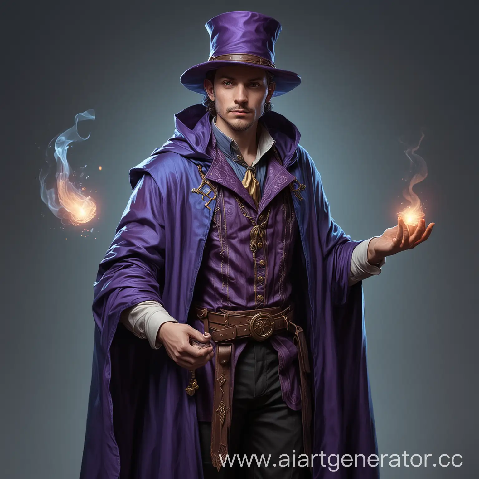 Male-Magician-in-Purple-Hat-and-Blue-Cloak-Casting-Spell