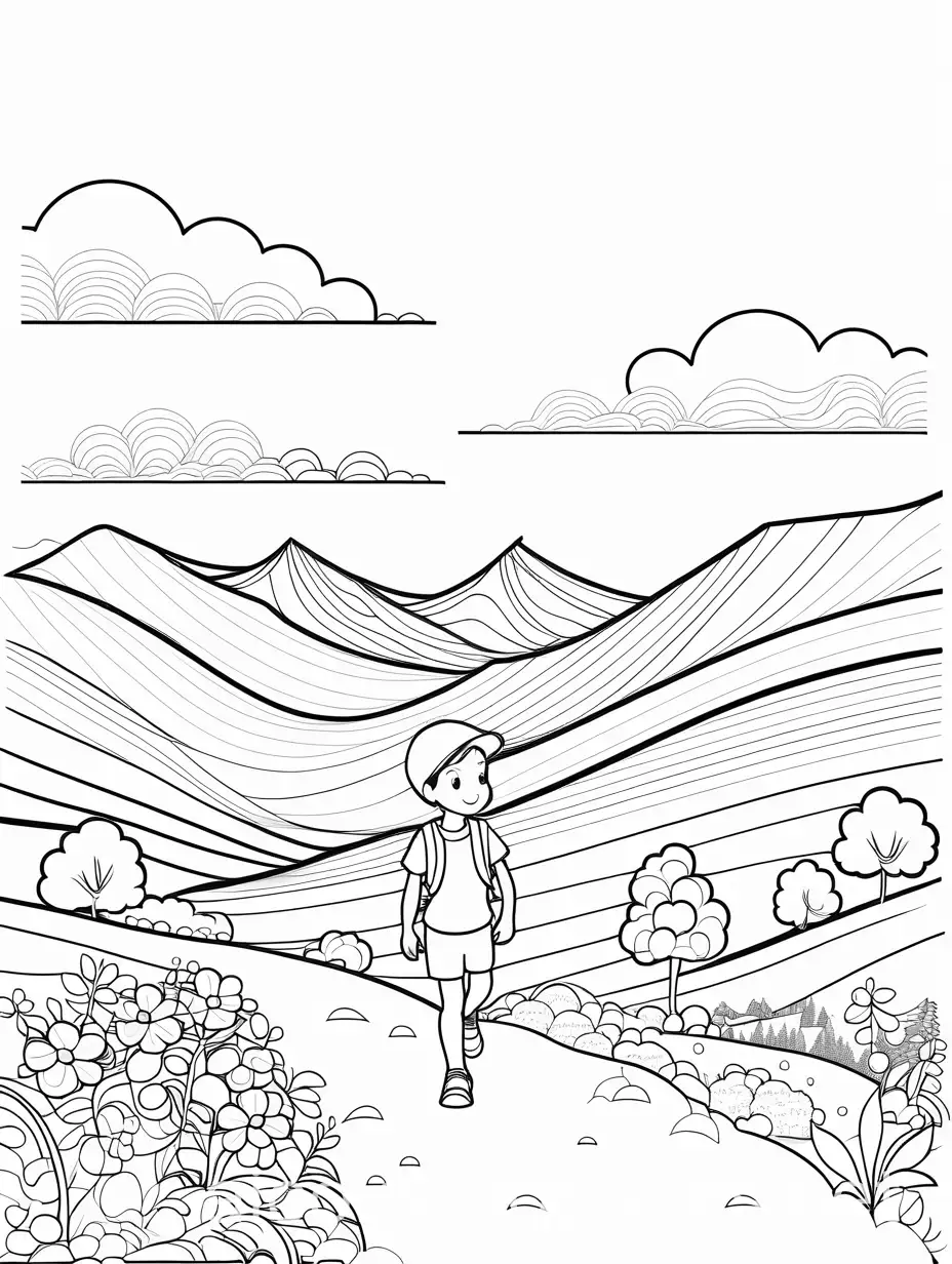 A child happily walking up a hill with a confident look on their face. Ample white space. No black background. Line art, simplicity.  Kawaii style. No borders.
, Coloring Page, black and white, line art, white background, Simplicity, Ample White Space. The background of the coloring page is plain white to make it easy for young children to color within the lines. The outlines of all the subjects are easy to distinguish, making it simple for kids to color without too much difficulty