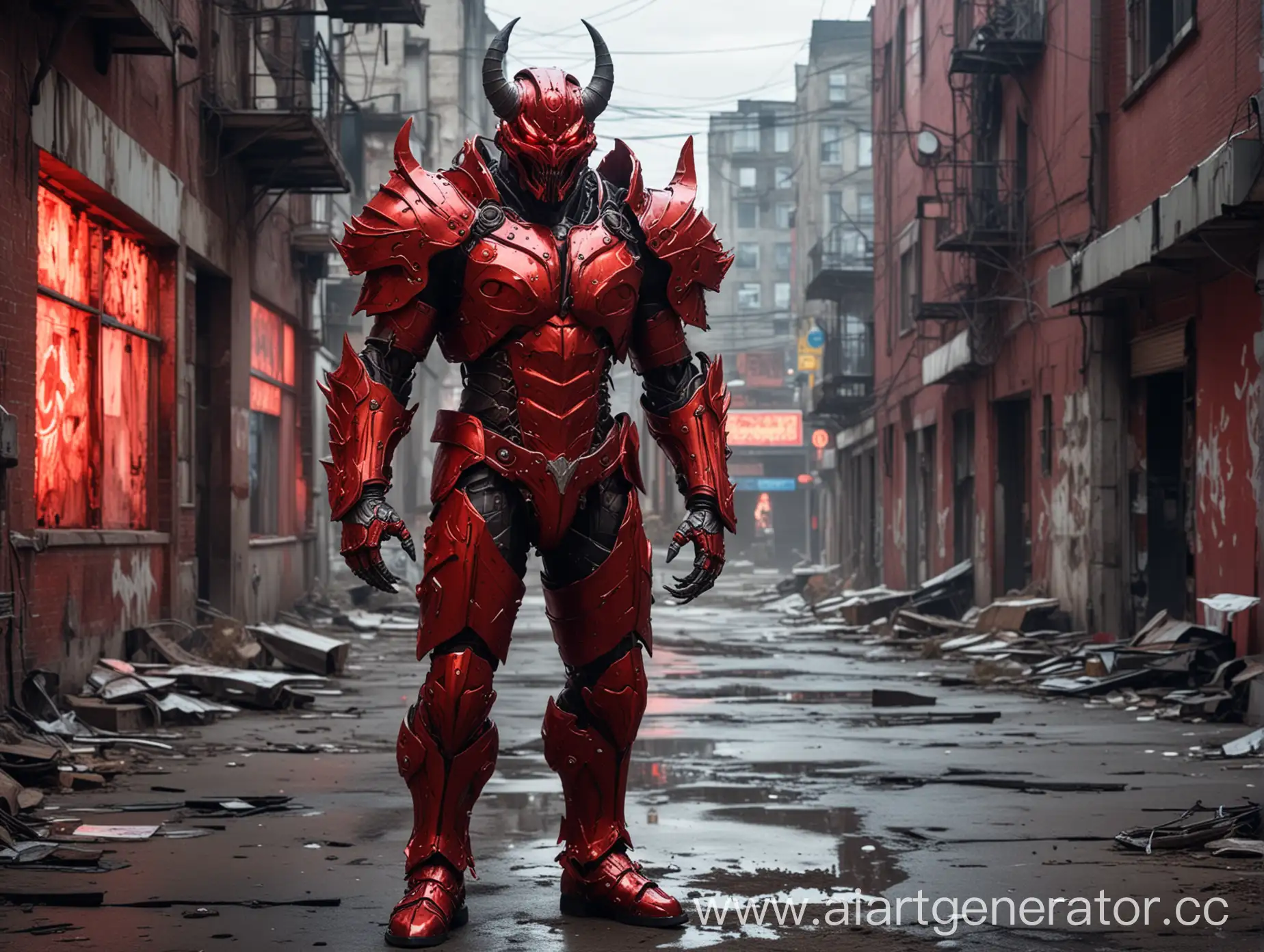 A demon in chrome-plated red armor in a neon abandoned city