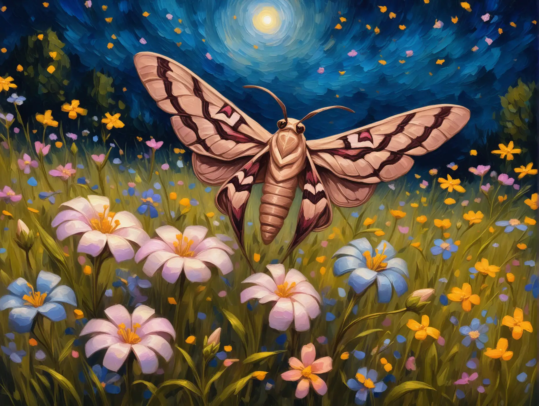 A closeup of a "small eyed sphinx moth" on a "four-o'clock flower blossom" at night in a meadow filled with flowers. In style of impressionist oil painting.