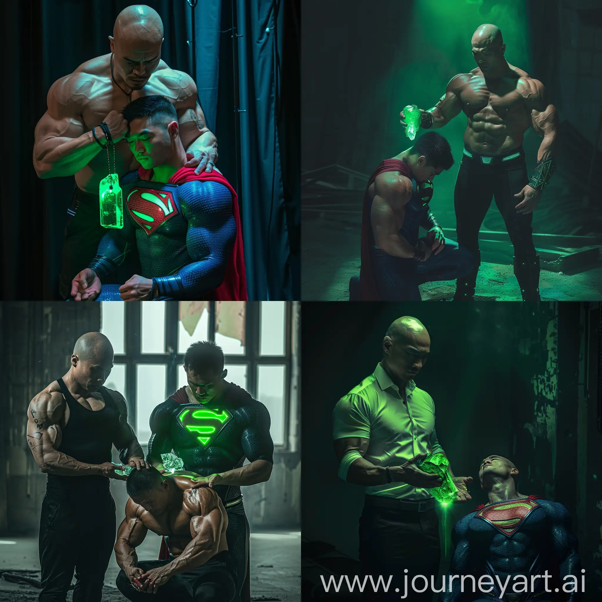 picture of 2 muscular asian men , one bald bodybuilder in office attirestanding holding a green neon rock pendant with green glowing light , second bodybuilder face down kneeling position in superman uniform. feeling weak and pain from the green light 
