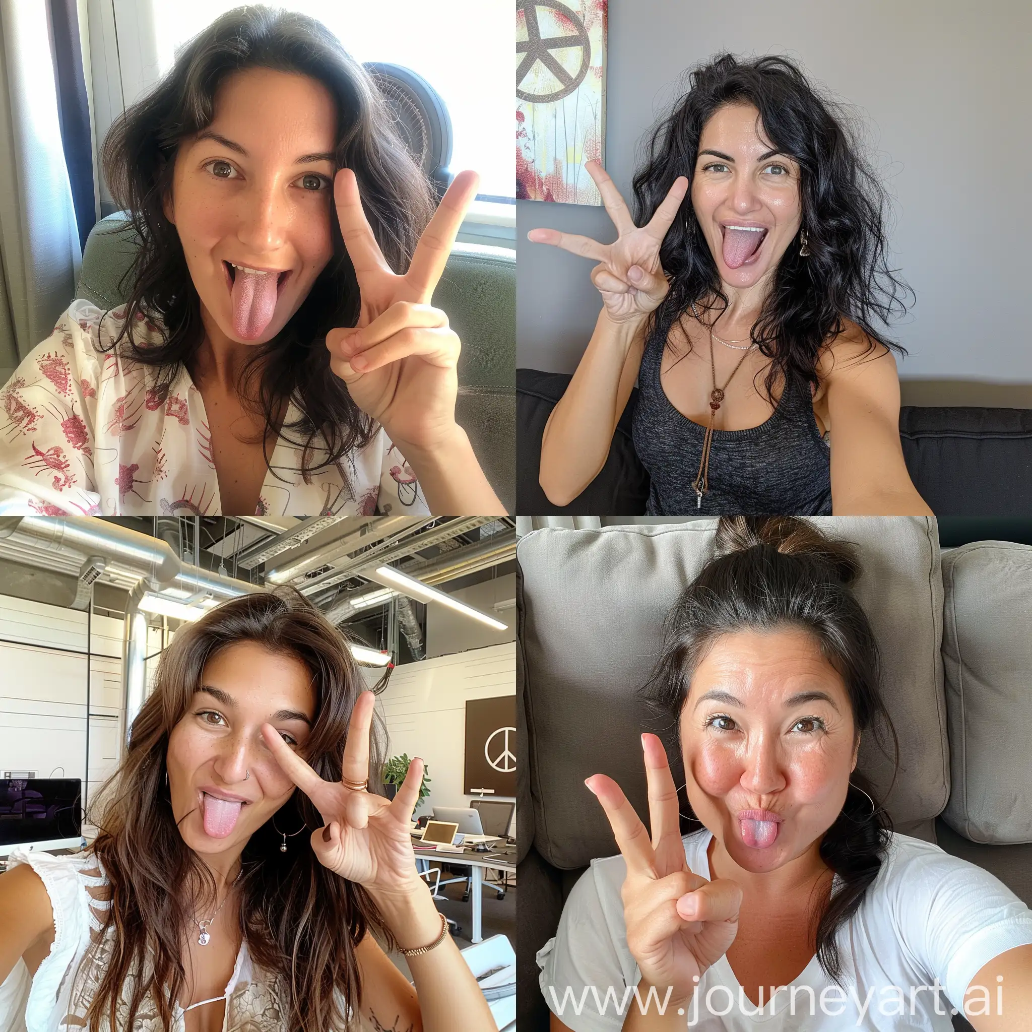 selfie of a woman making the peace sign, silly face, tongue out