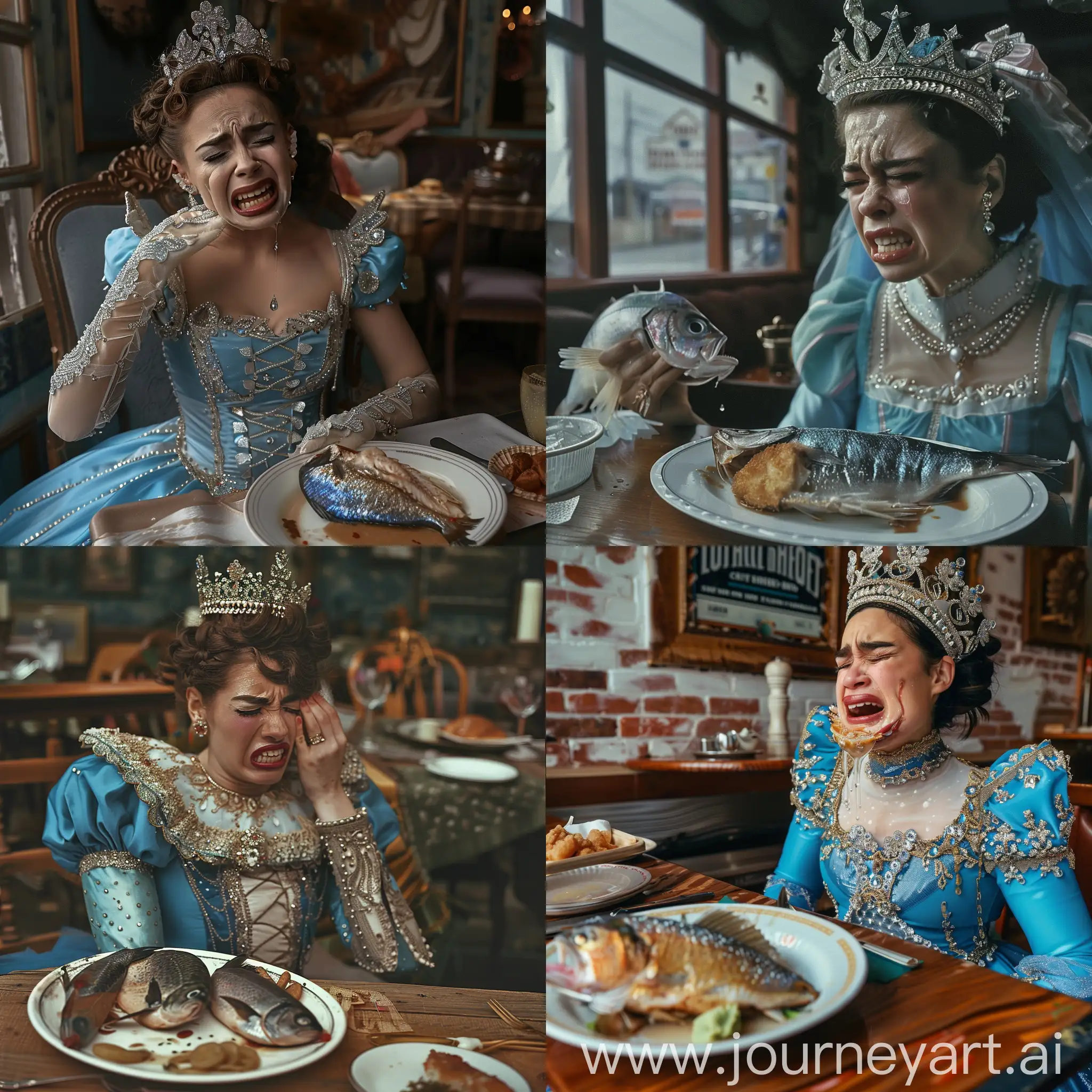 Sad-Princess-in-Blue-Dress-Crying-at-Diner-Table-with-Fish-Plate